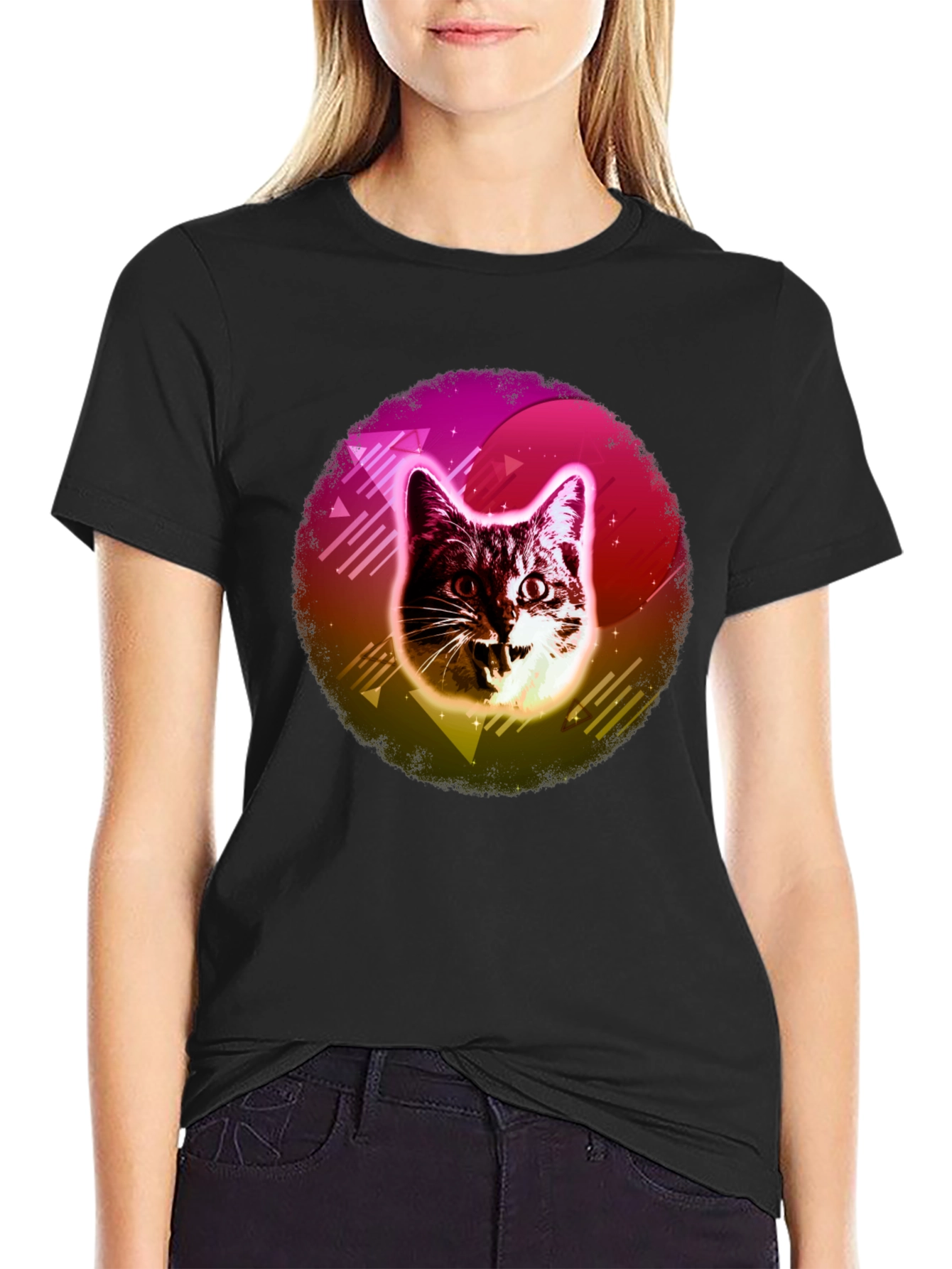 Black Retro Cat Graphic Tee - 80s Style view 2