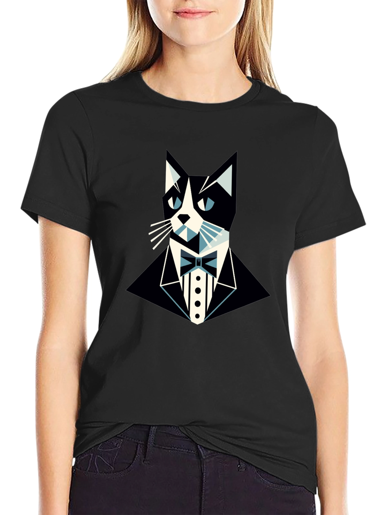 Black Tuxedo Cat Graphic Tee - Stylish & Unique Black T-Shirt view 2