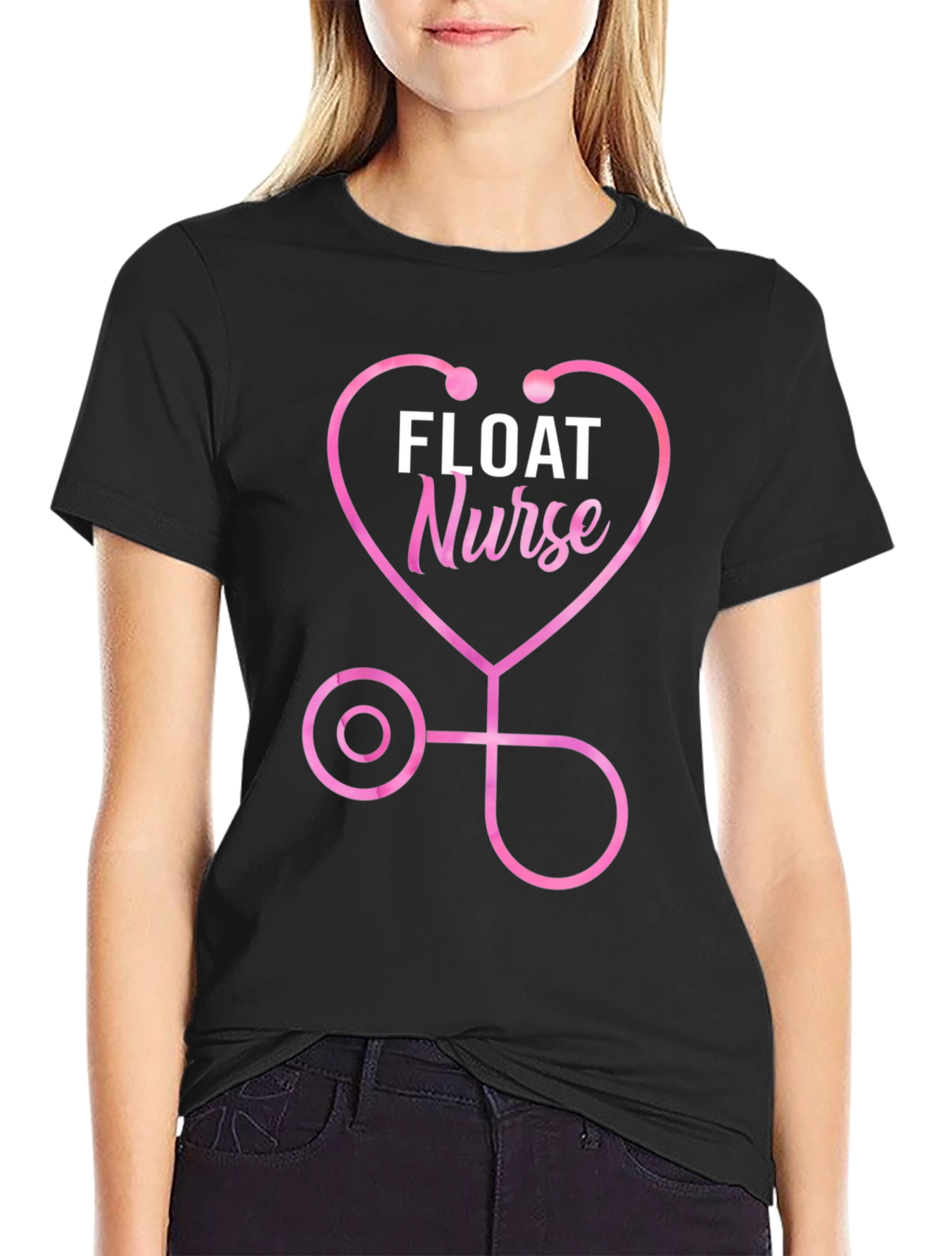 Black Float Nurse Stethoscope Heart T-Shirt view 2