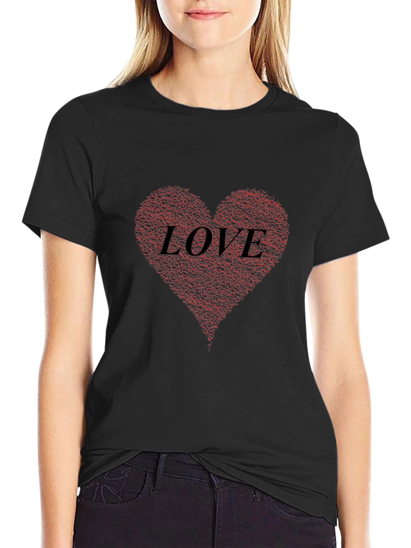 Black Love Heart Print Black T-Shirt view 2