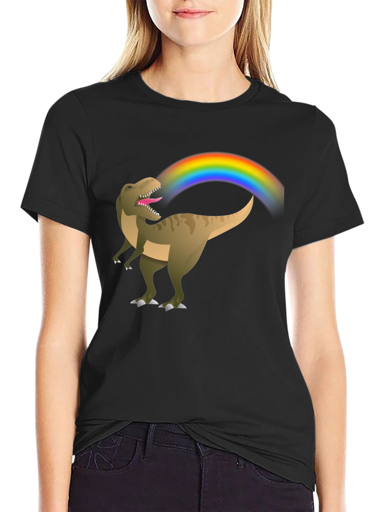 Black Rainbow Dinosaur T-Shirt - Black Cotton Tee view 2