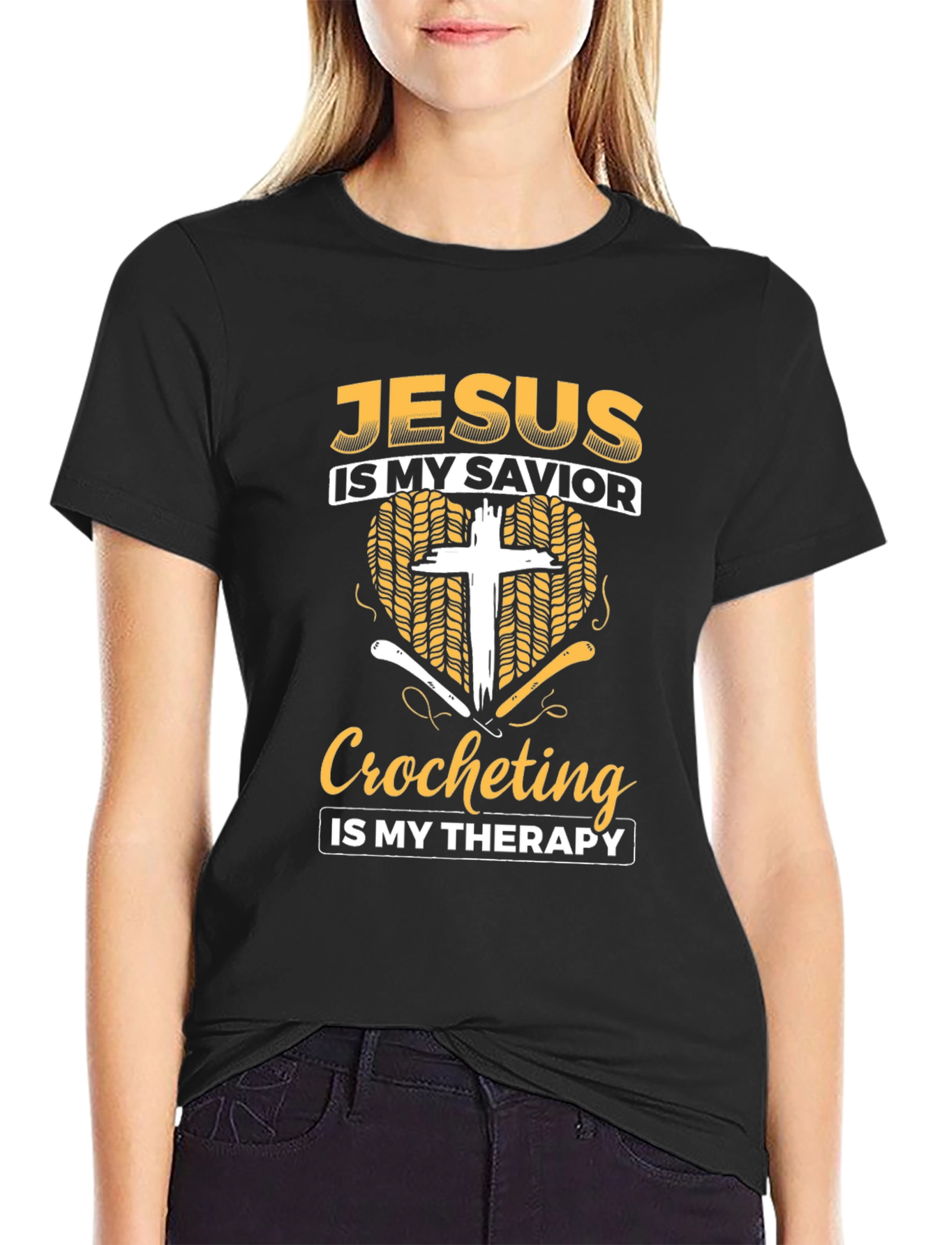 Black Jesus is My Savior Crocheting Therapy T-Shirt view 2