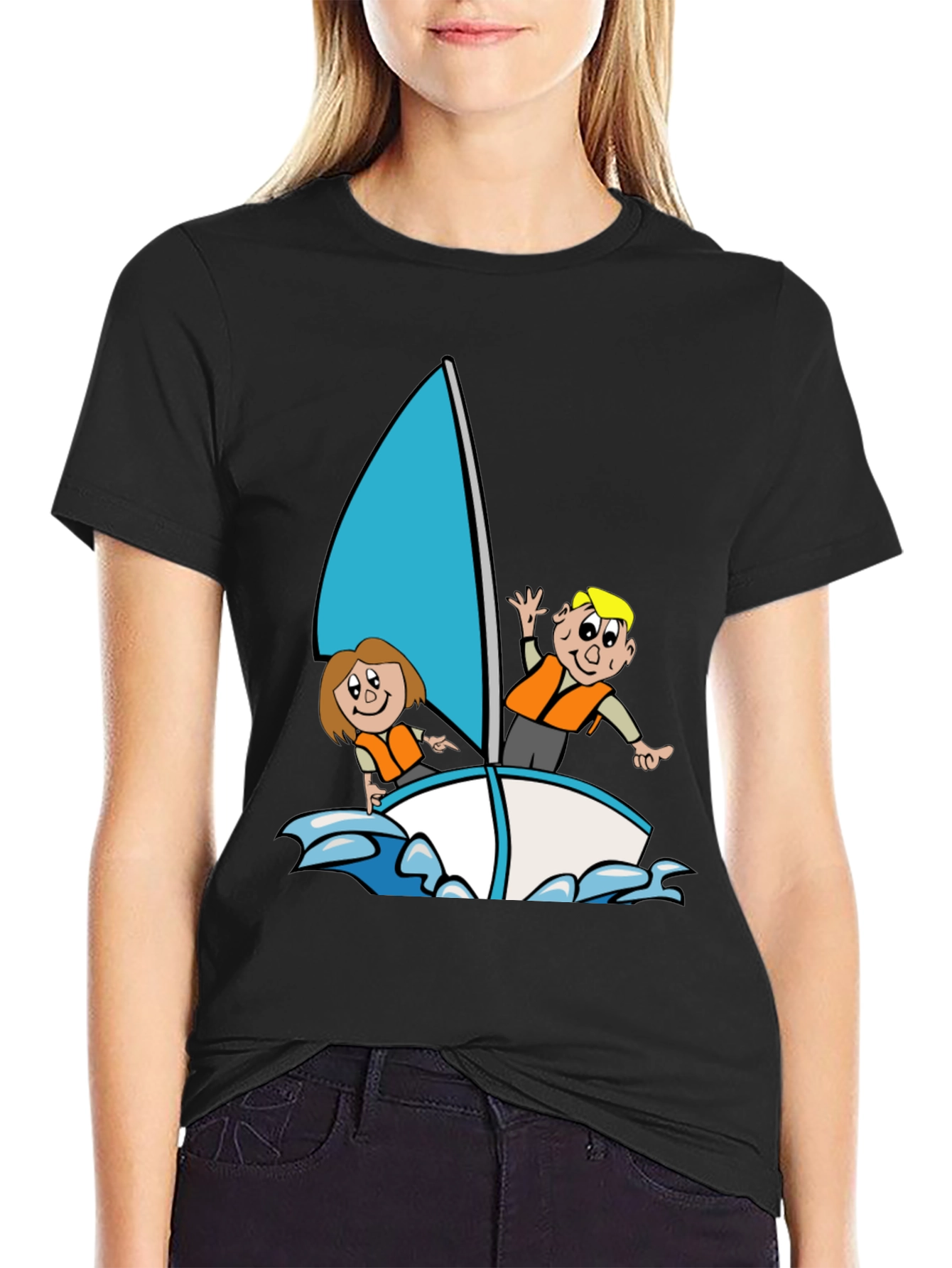 Black Cartoon Sailboat Graphic T-Shirt - Black Crew Neck view 2