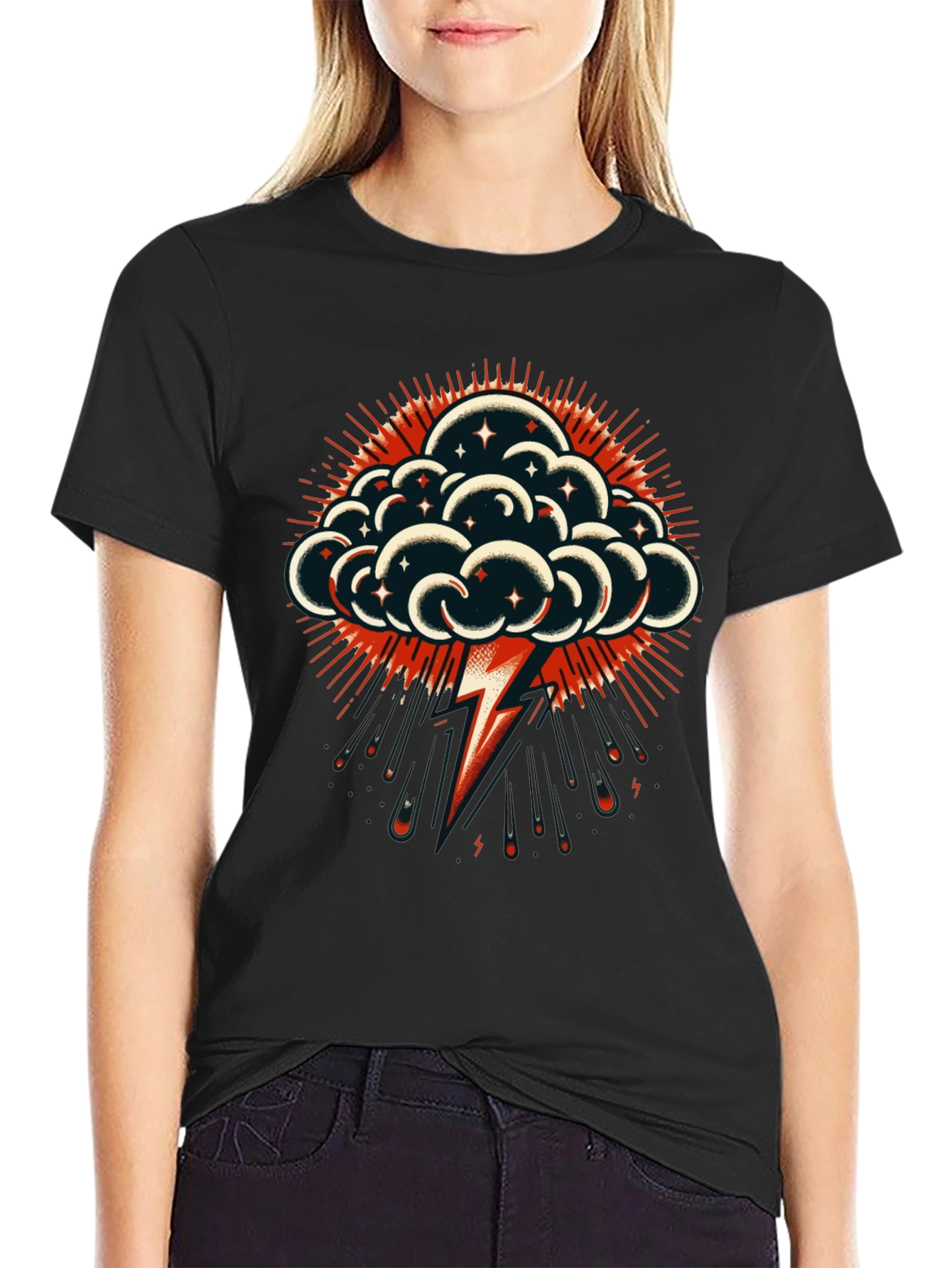 Black Thunderbolt Cloud Graphic Tee - Stylish Black T-Shirt view 2