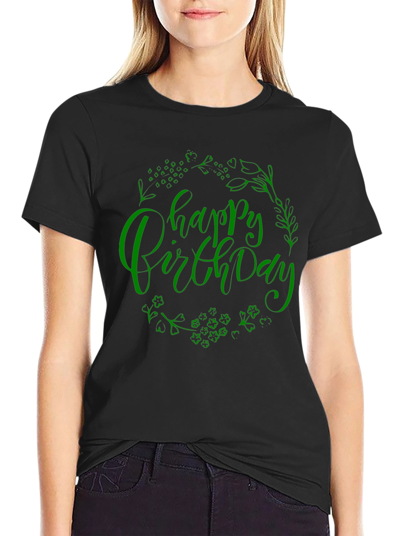 Black Happy Birthday Graphic Print Crew Neck T-Shirt view 2