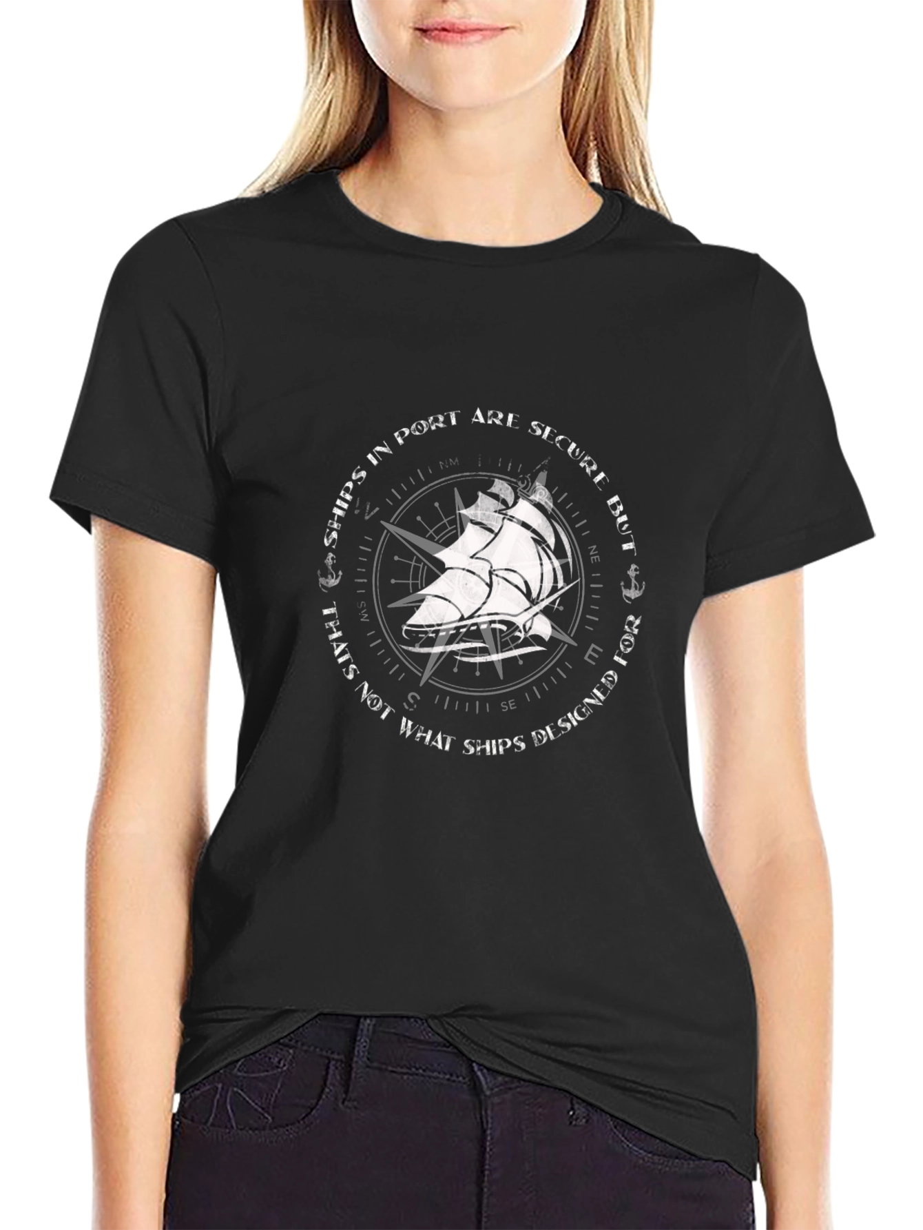 Black Nautical Ship T-Shirt - Ships in Port Quote view 2