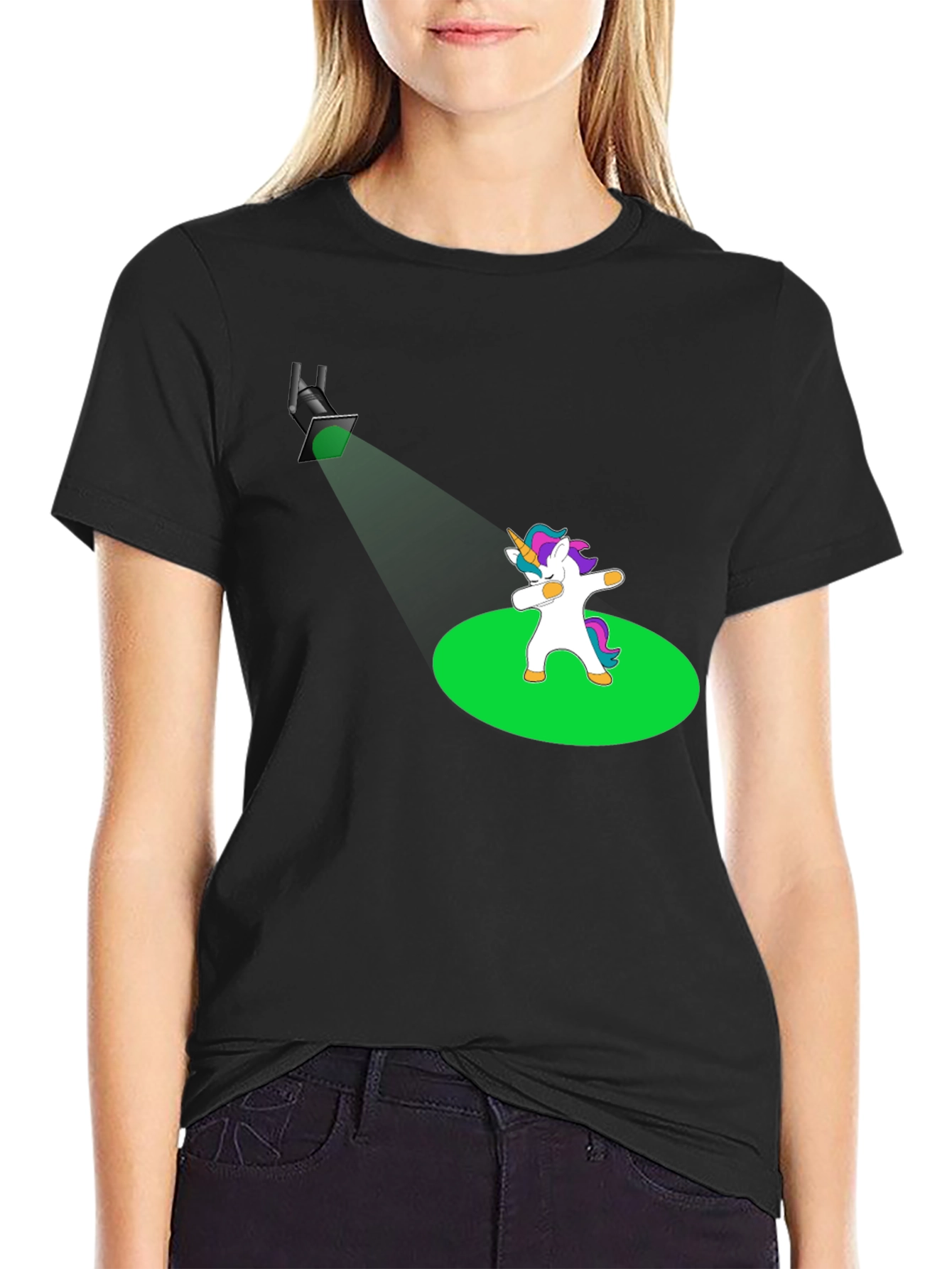 Black Dabbing Unicorn T-Shirt - Spotlight Design view 2