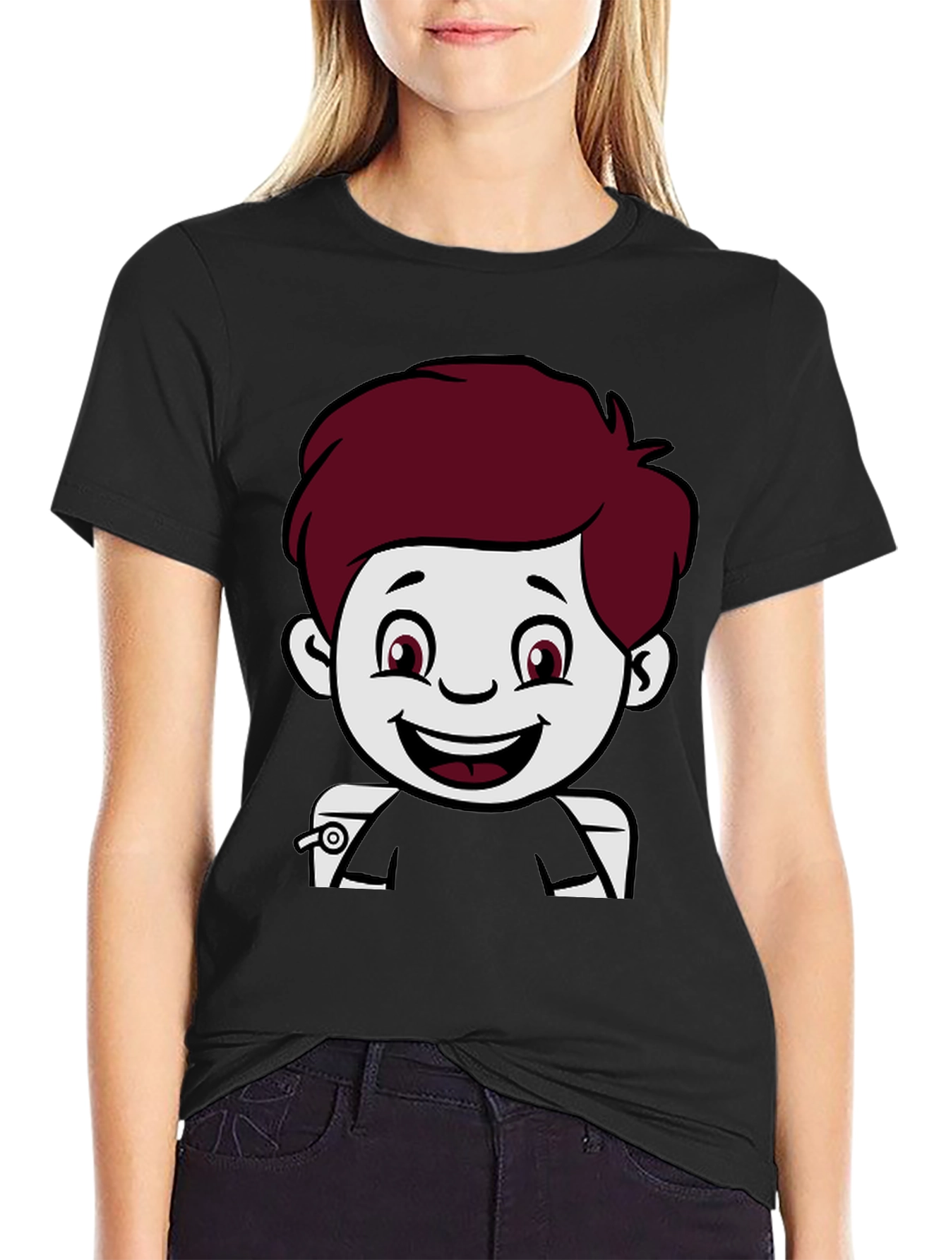 Black Cartoon Boy Graphic Print Black T-Shirt view 2
