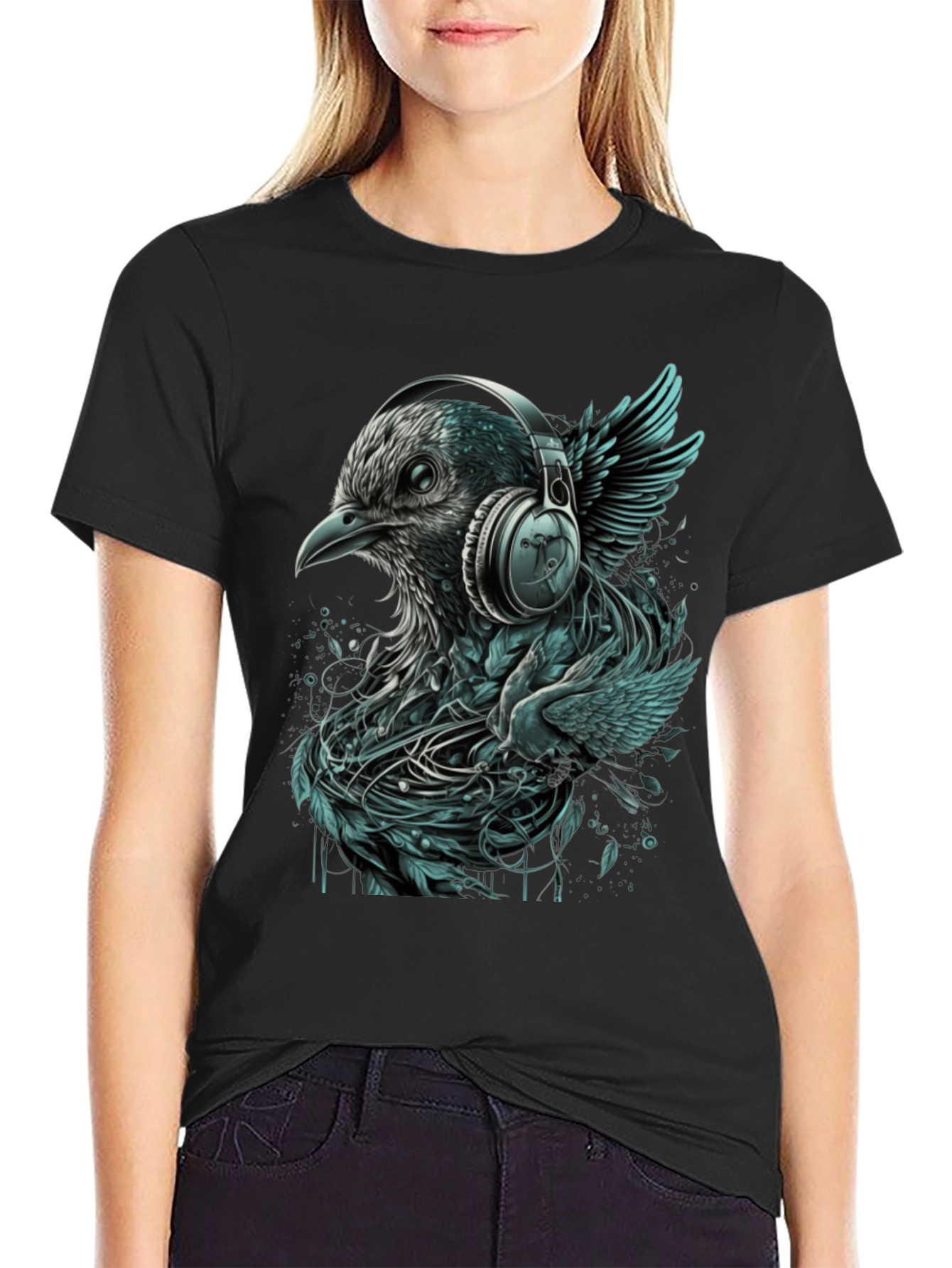 Black Bird with Headphones Graphic Tee view 2