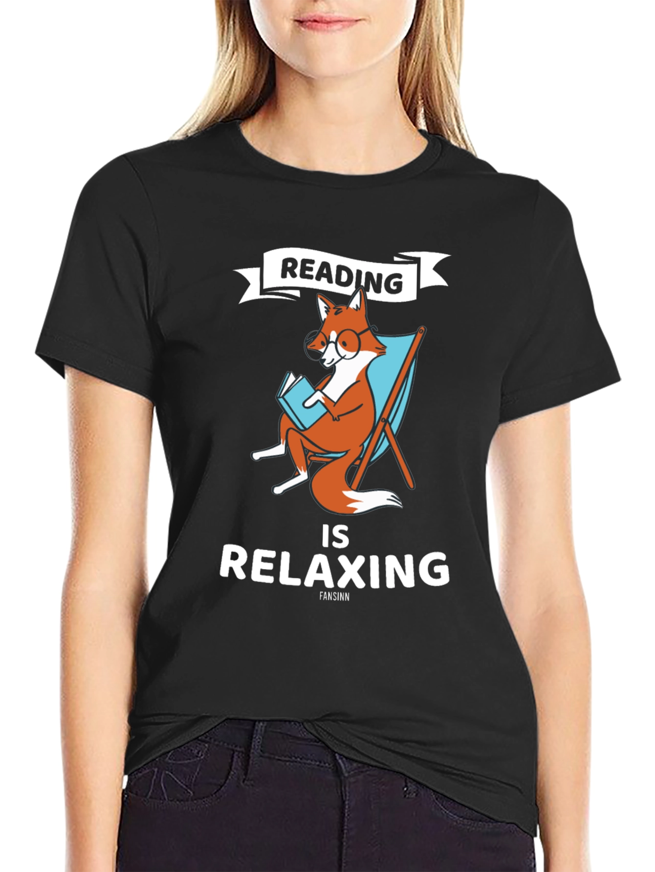 Black Reading Fox Graphic T-Shirt view 2