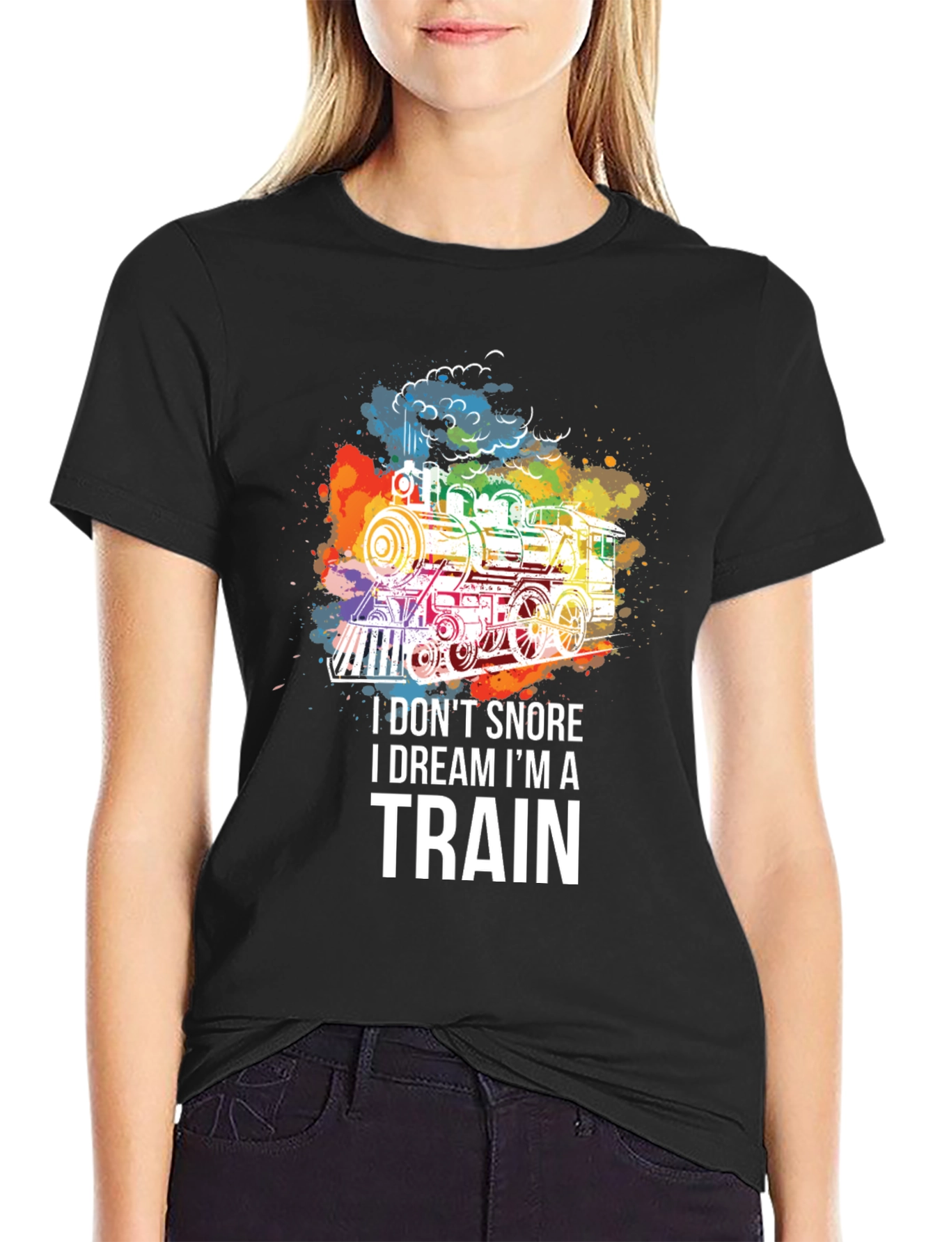 Black Train Dreamer T-Shirt - Colorful Steam Engine Tee view 2