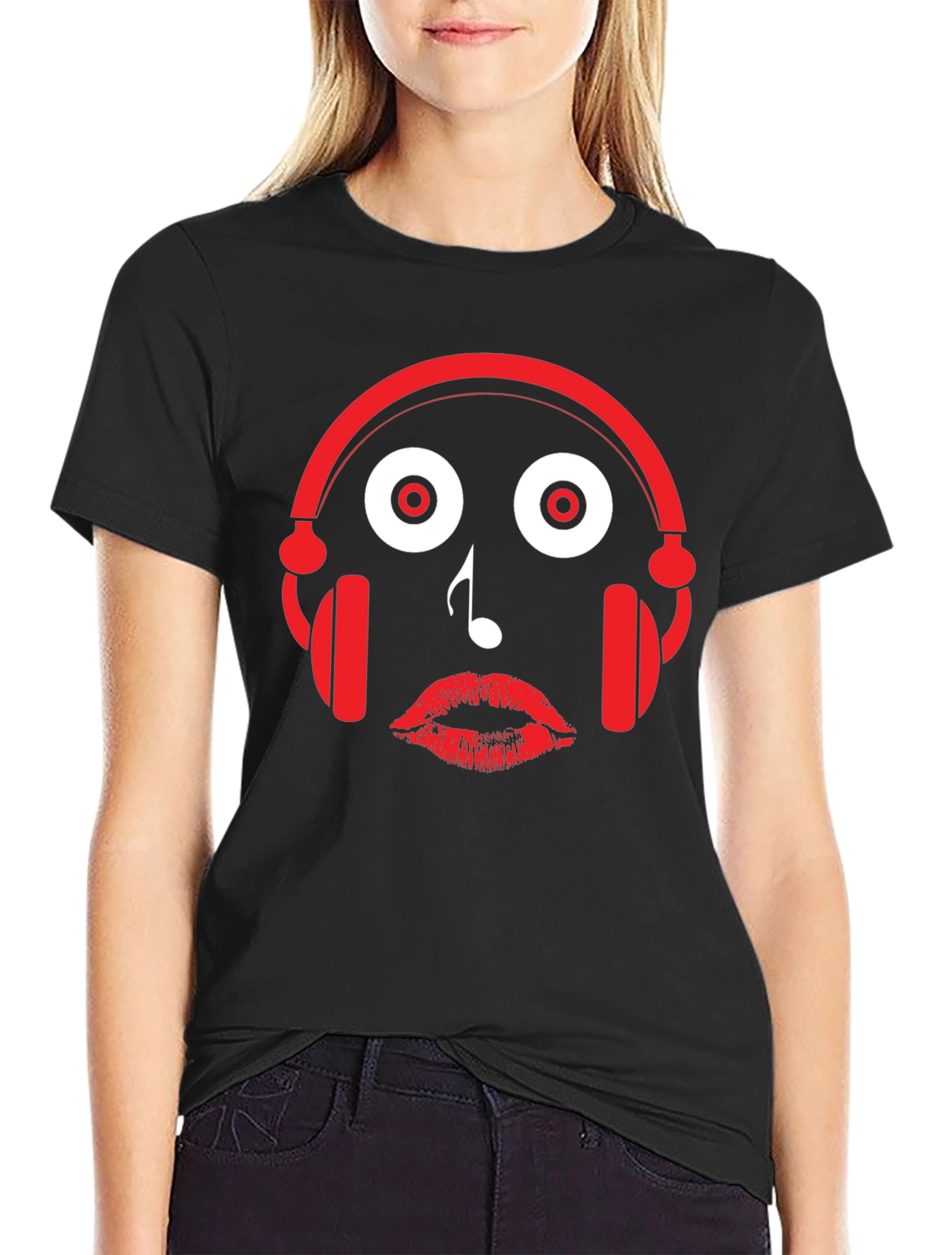 Black Music Lover's Tee: Headphones, Note, Lips Graphic T-Shirt view 2