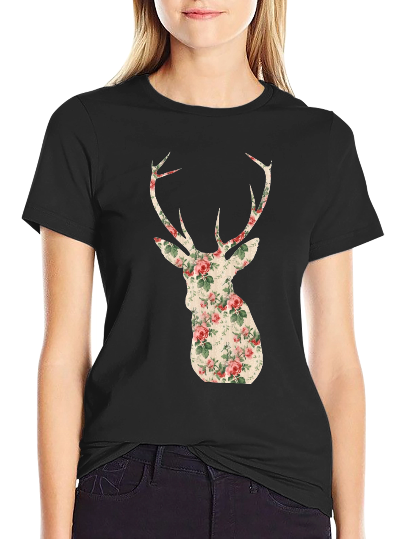 Black Floral Deer Head Graphic Tee - Trendy Animal Print view 2