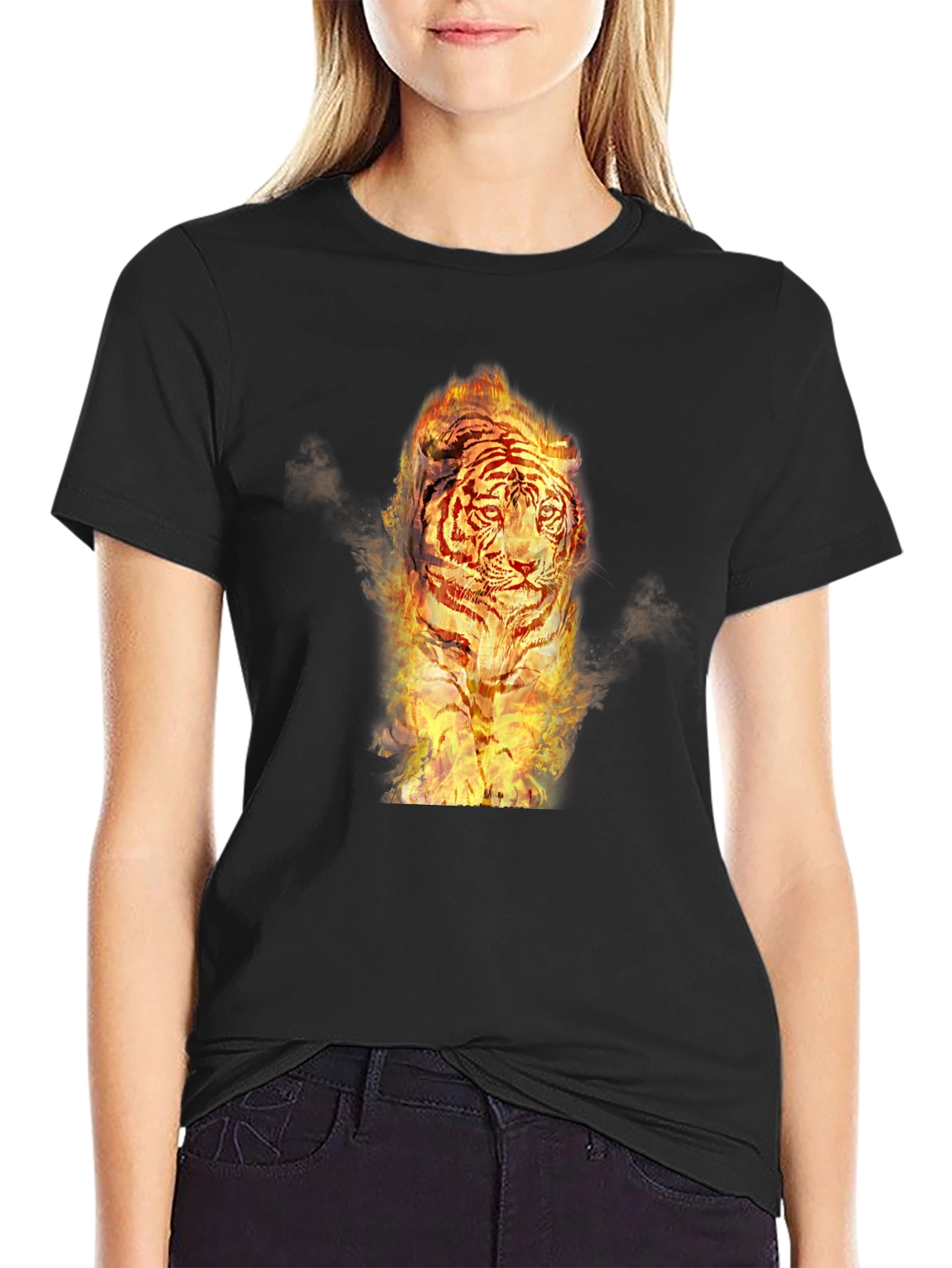 Black Fiery Tiger Graphic Tee - Bold Black Cotton T-Shirt view 2