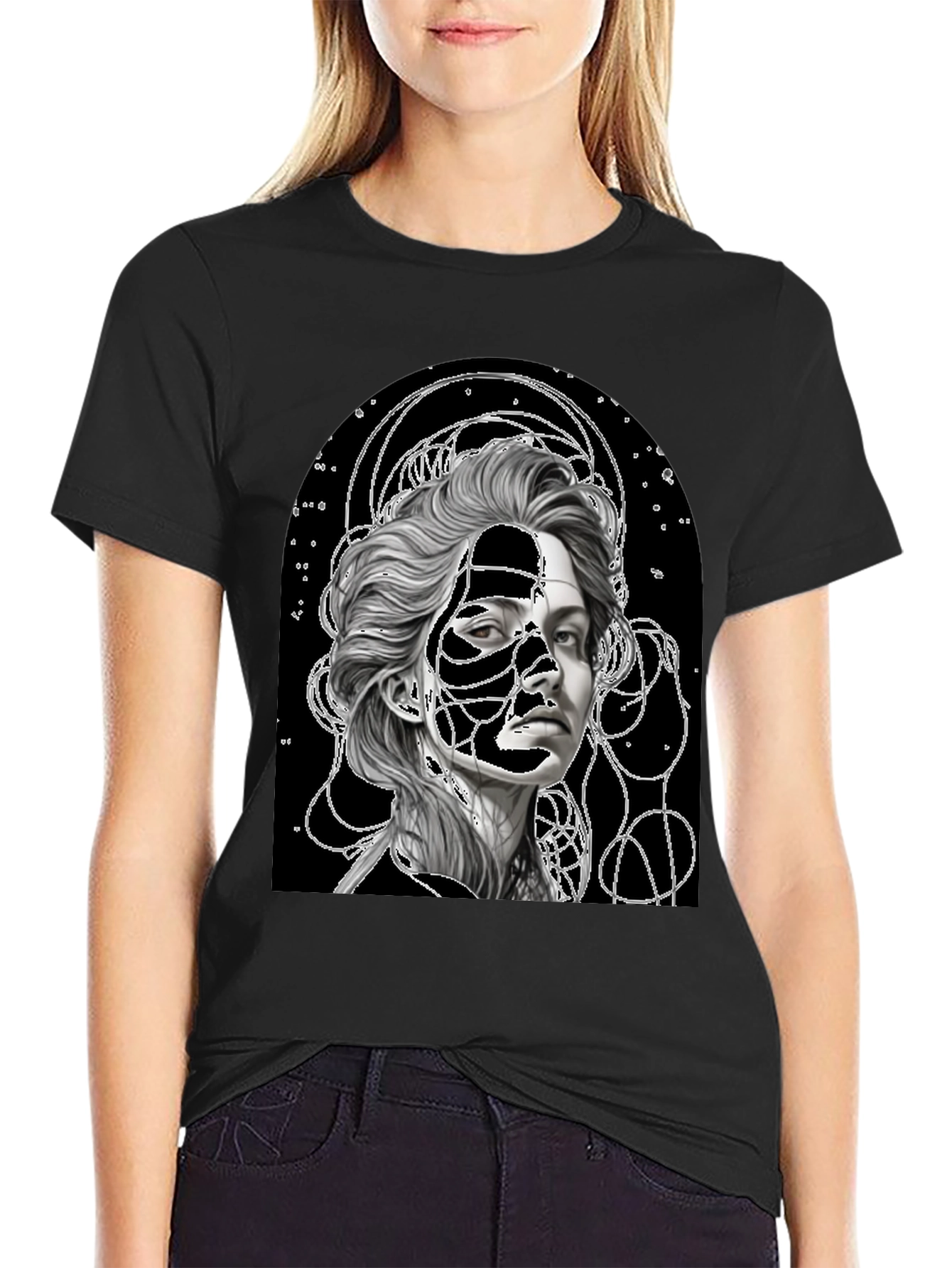 Black Abstract Portrait Graphic Tee - Stylish Black T-Shirt view 2