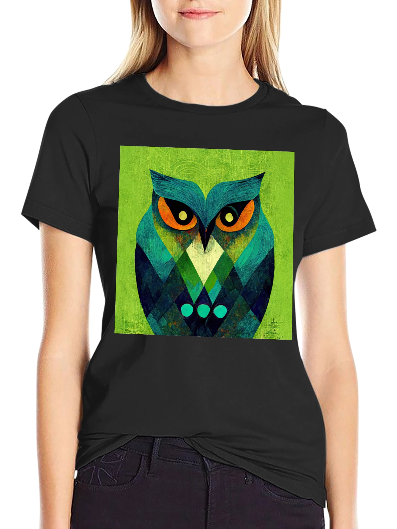 Black Geometric Owl Graphic Tee - Black Cotton Blend view 2