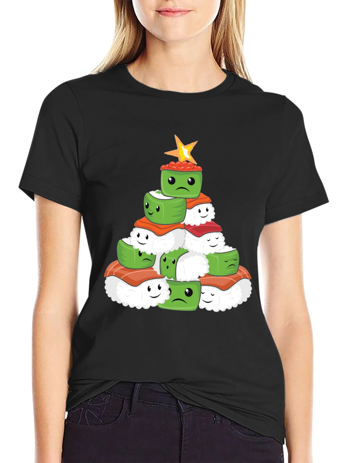 Black Sushi Christmas Tree Graphic Tee - Holiday Apparel view 2