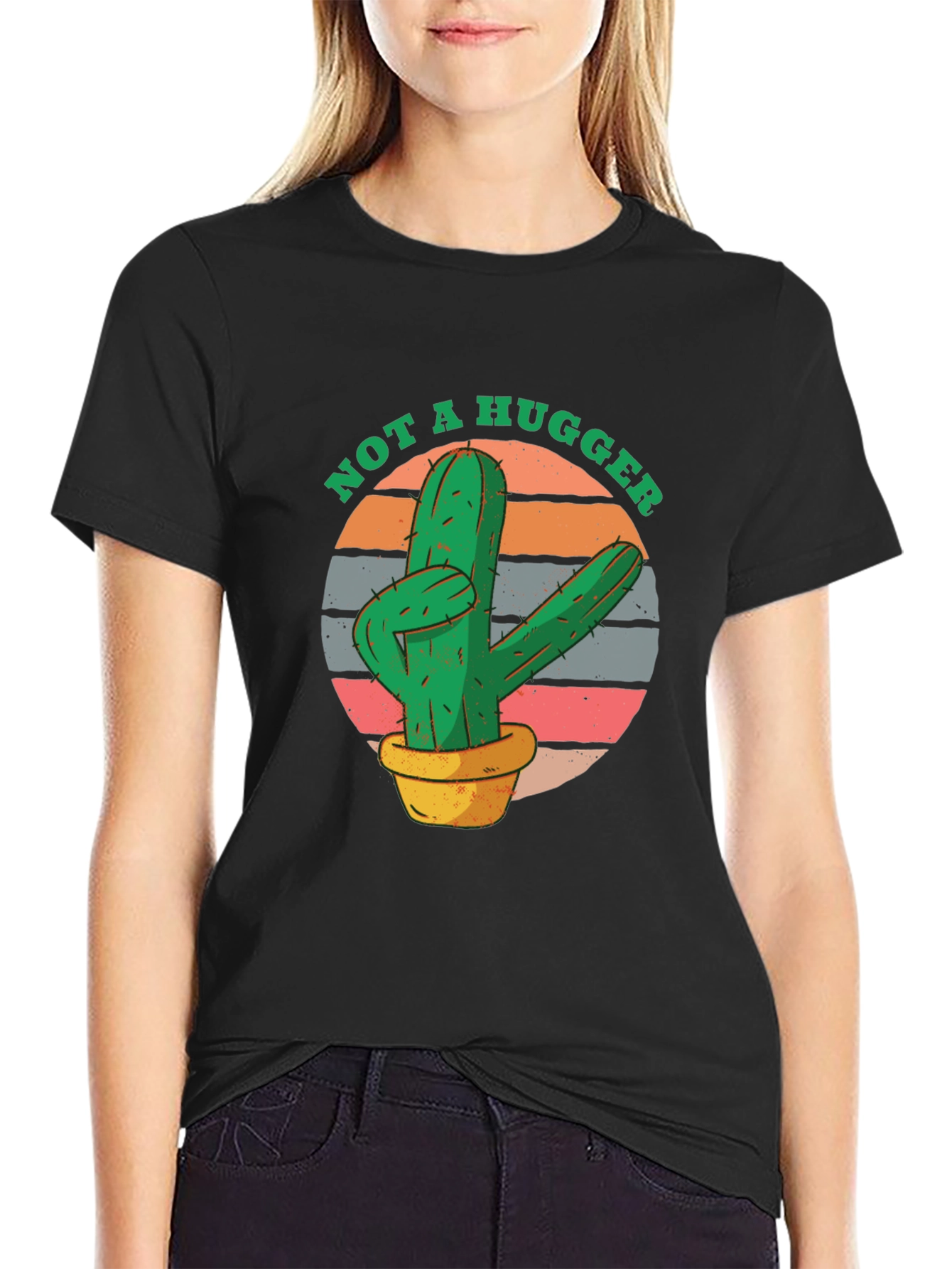 Black Not A Hugger Cactus Graphic Tee - Unisex Black T-Shirt view 2