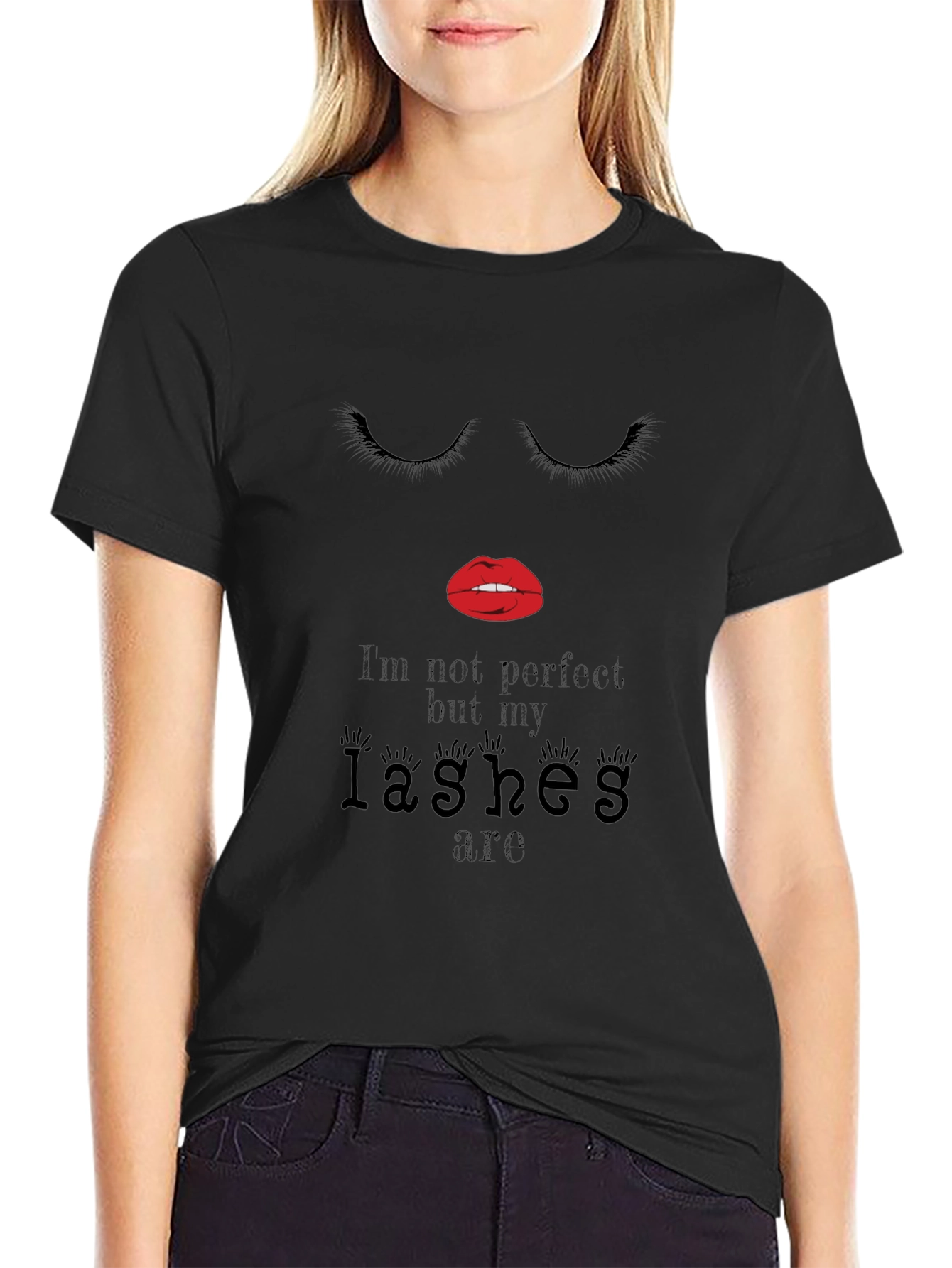 Black Womens Fashion Eyelashes Graphic Tee view 2