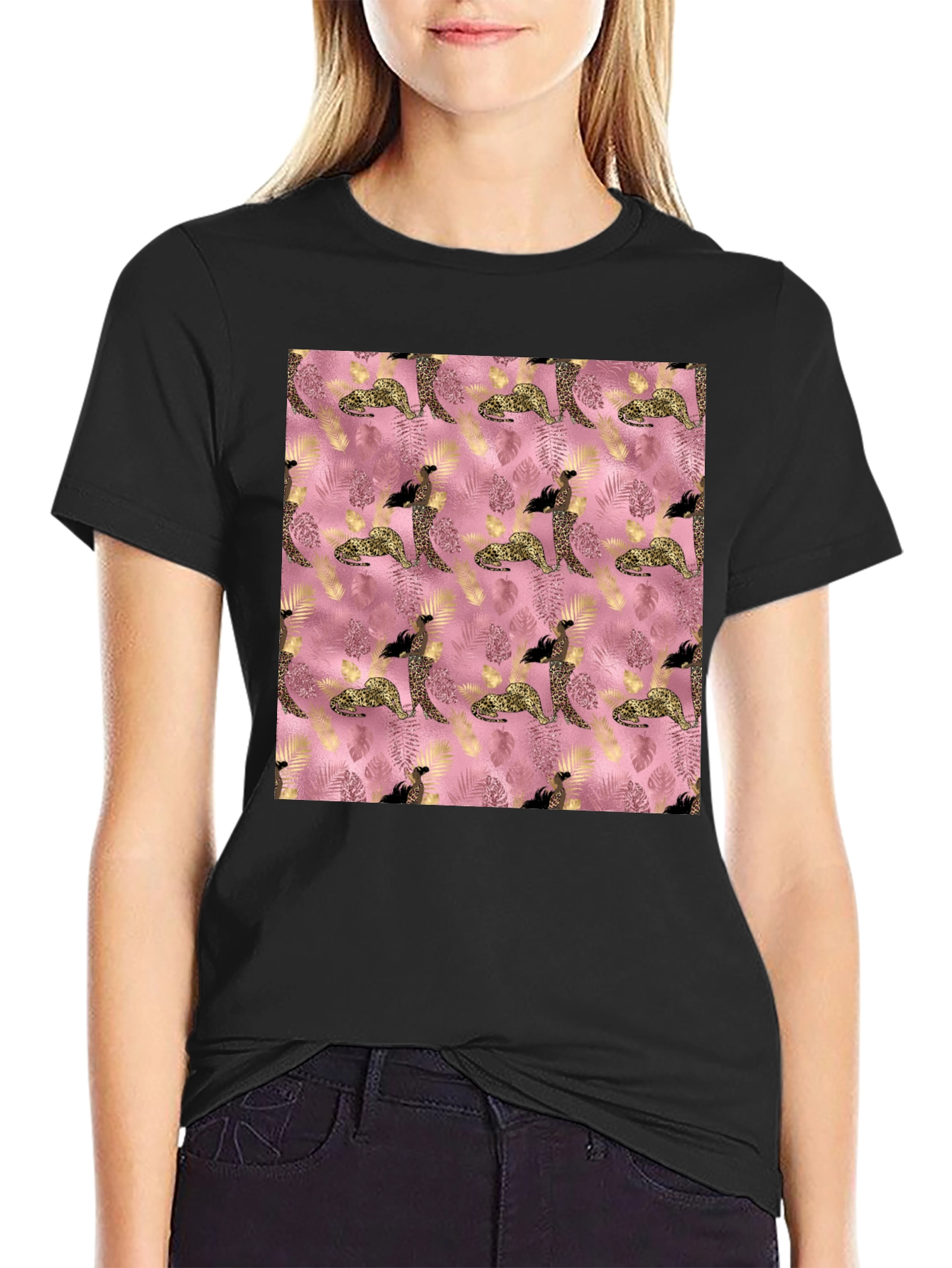 Black Stylish Pink Leopard Print Tee view 2