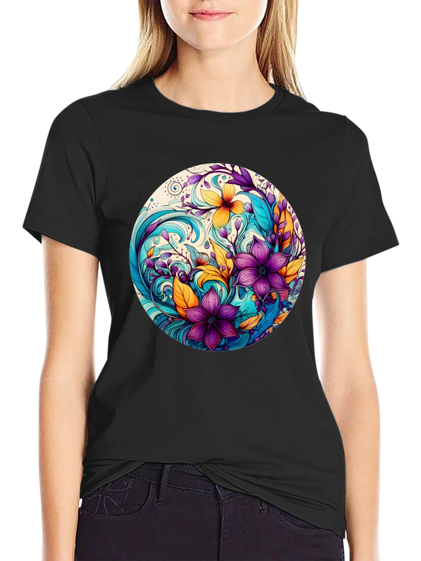 Black Floral Swirl Graphic Black T-Shirt view 2