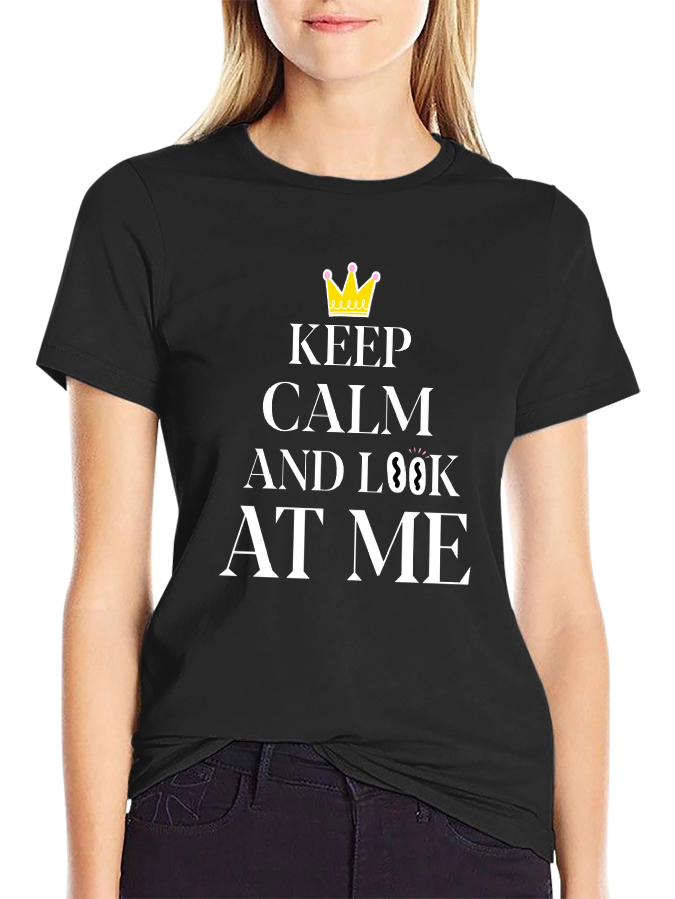 Keep Calm and Look At Me Black Graphic Tee - 2