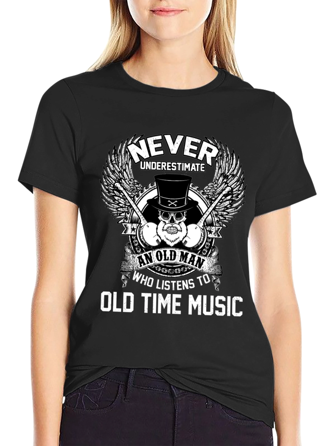 Black Never Underestimate Old Time Music Lover Tee view 2