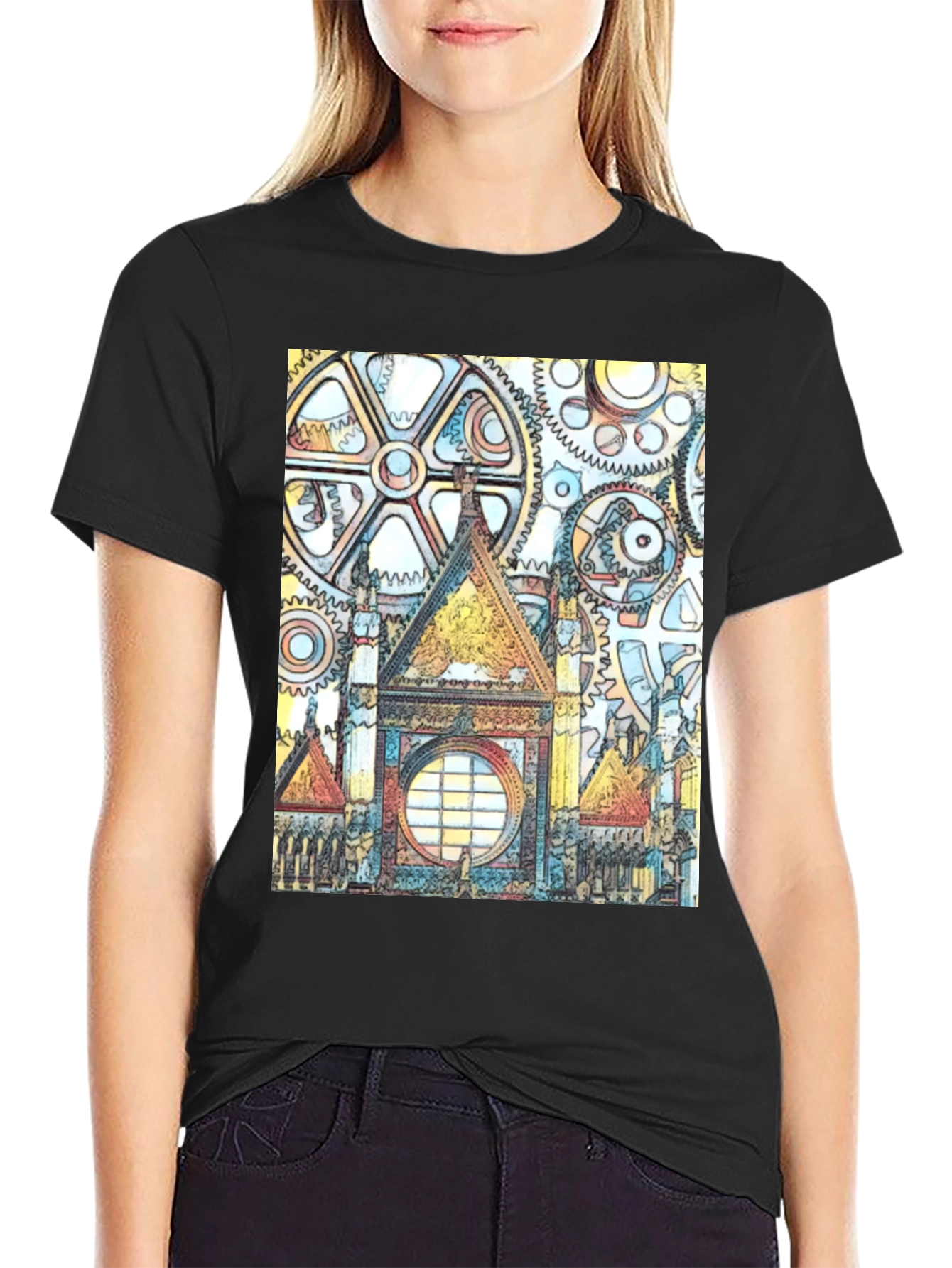 Black Steampunk Clockwork Castle T-Shirt view 2