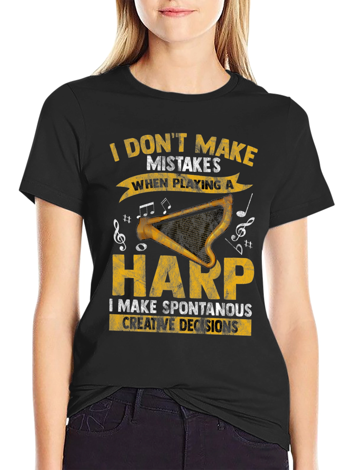 Black Harp Player T-Shirt - Spontaneous Creative Decisions view 2