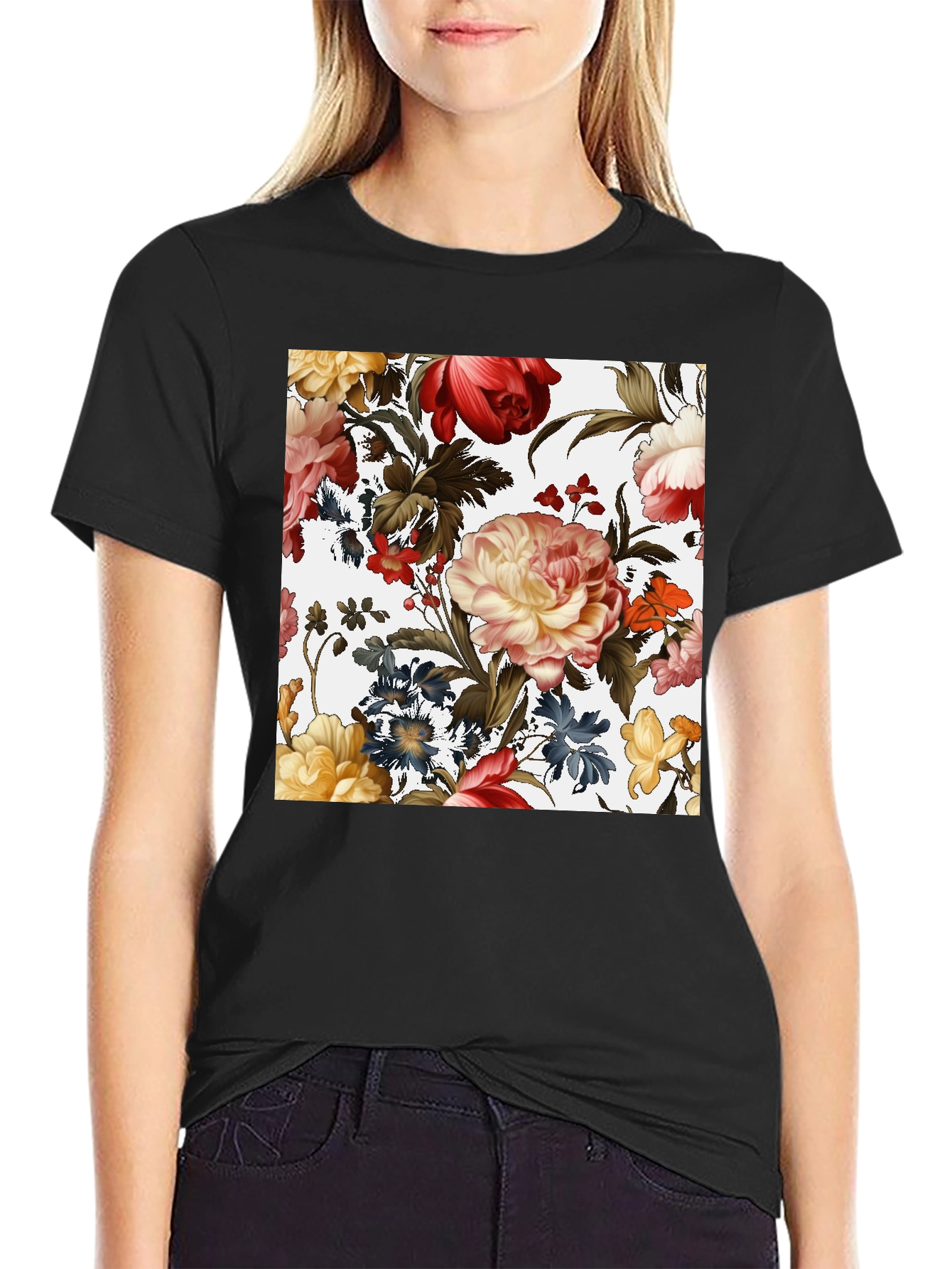 Black Floral Print Black T-Shirt view 2