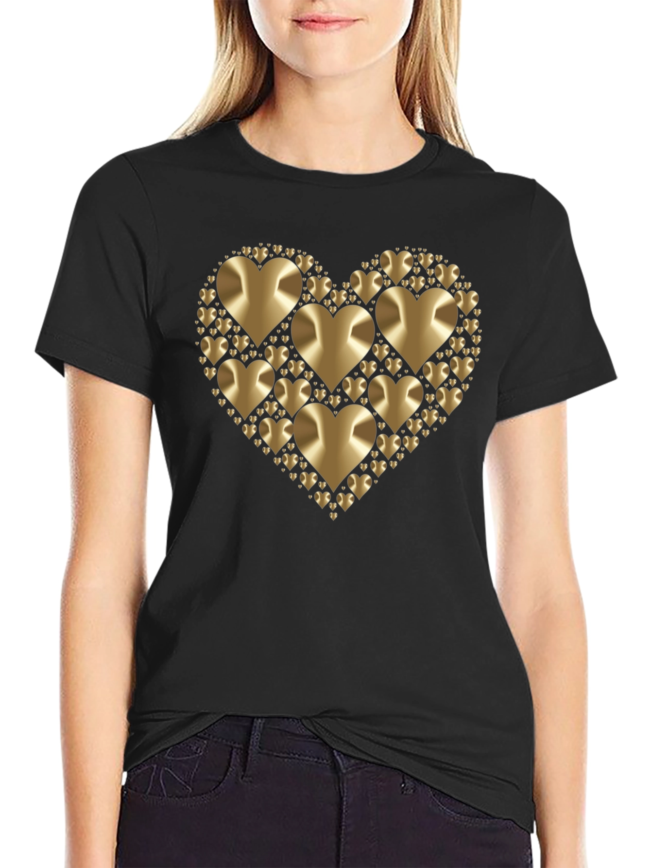Black Golden Heart Graphic Black T-Shirt view 2