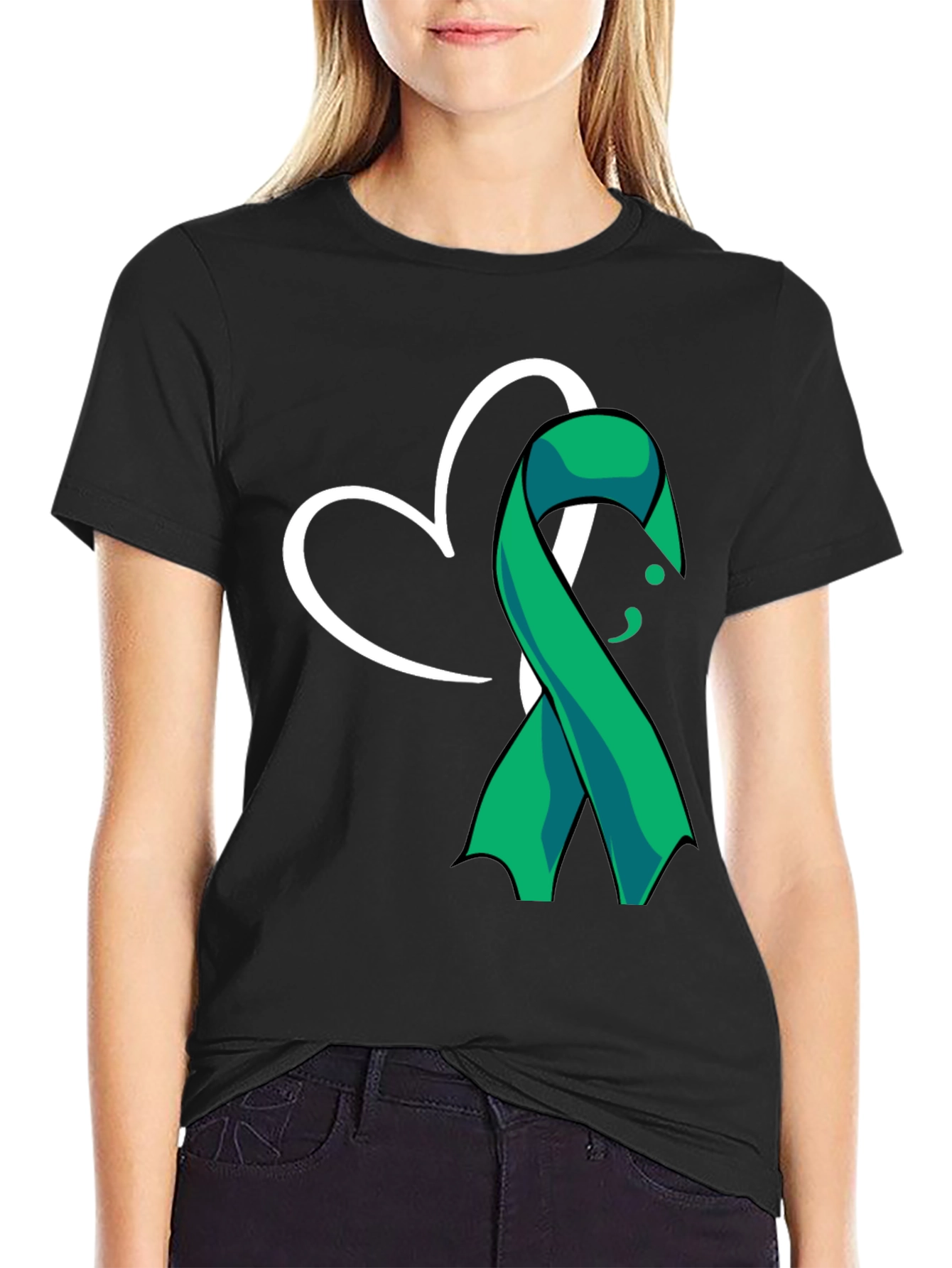 Black Semicolon Heart Ribbon Mental Health T-Shirt view 2