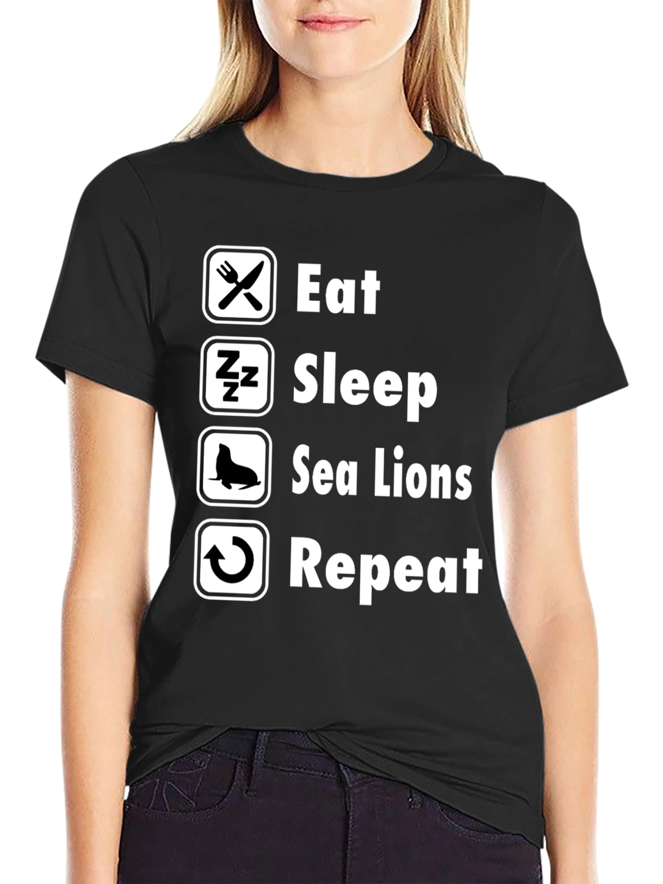 Black Eat Sleep Sea Lions Repeat Black T-Shirt view 2