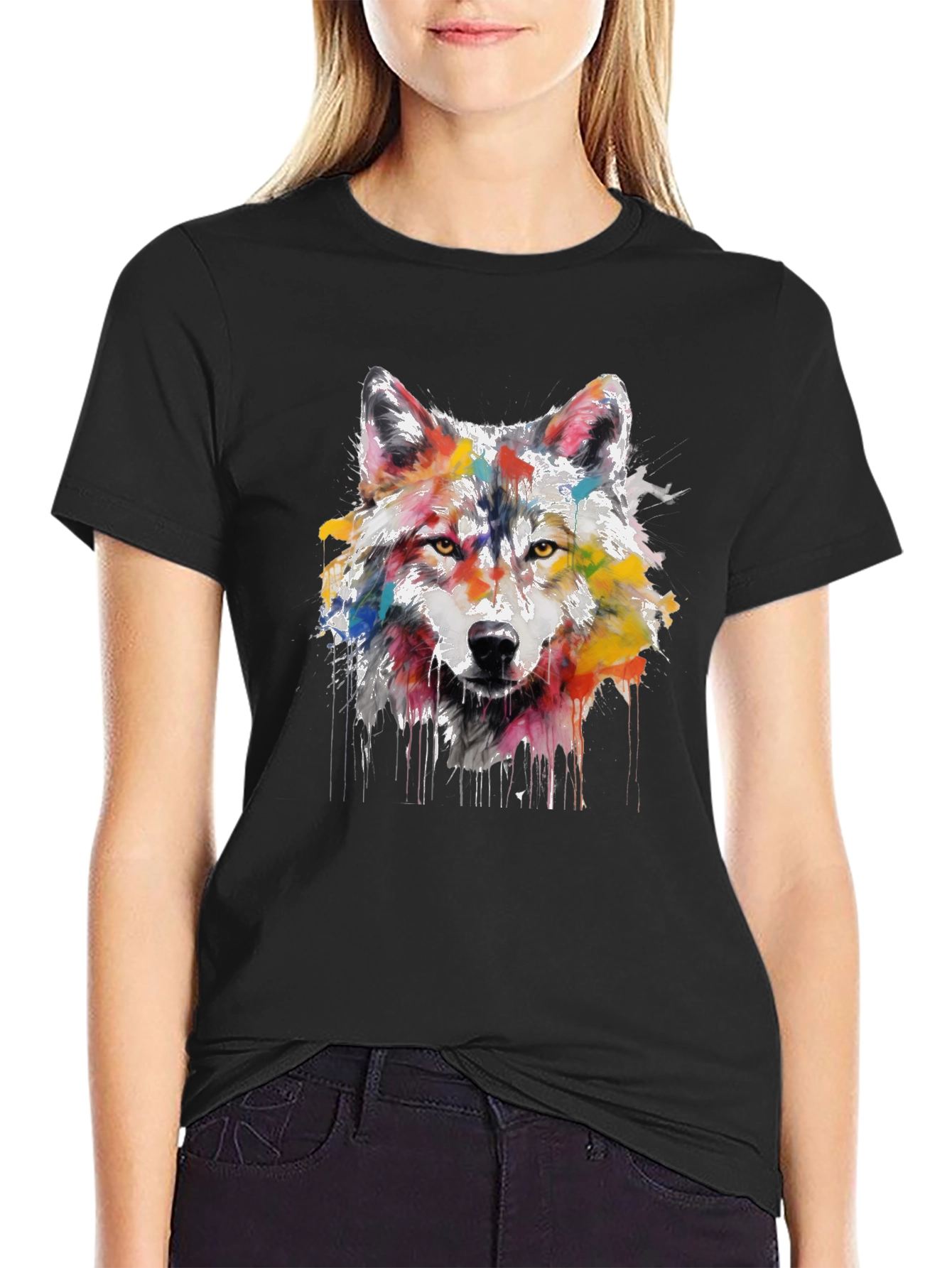Black Wolf Art Print Men's Black Graphic Tee view 2