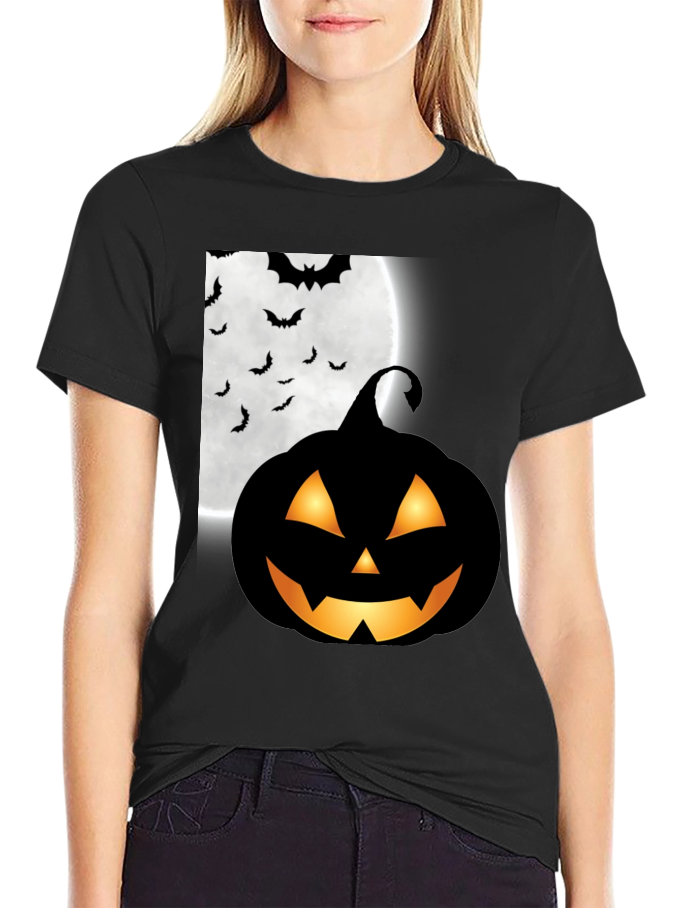 Black Halloween Pumpkin Bat Moon Graphic T-Shirt view 2