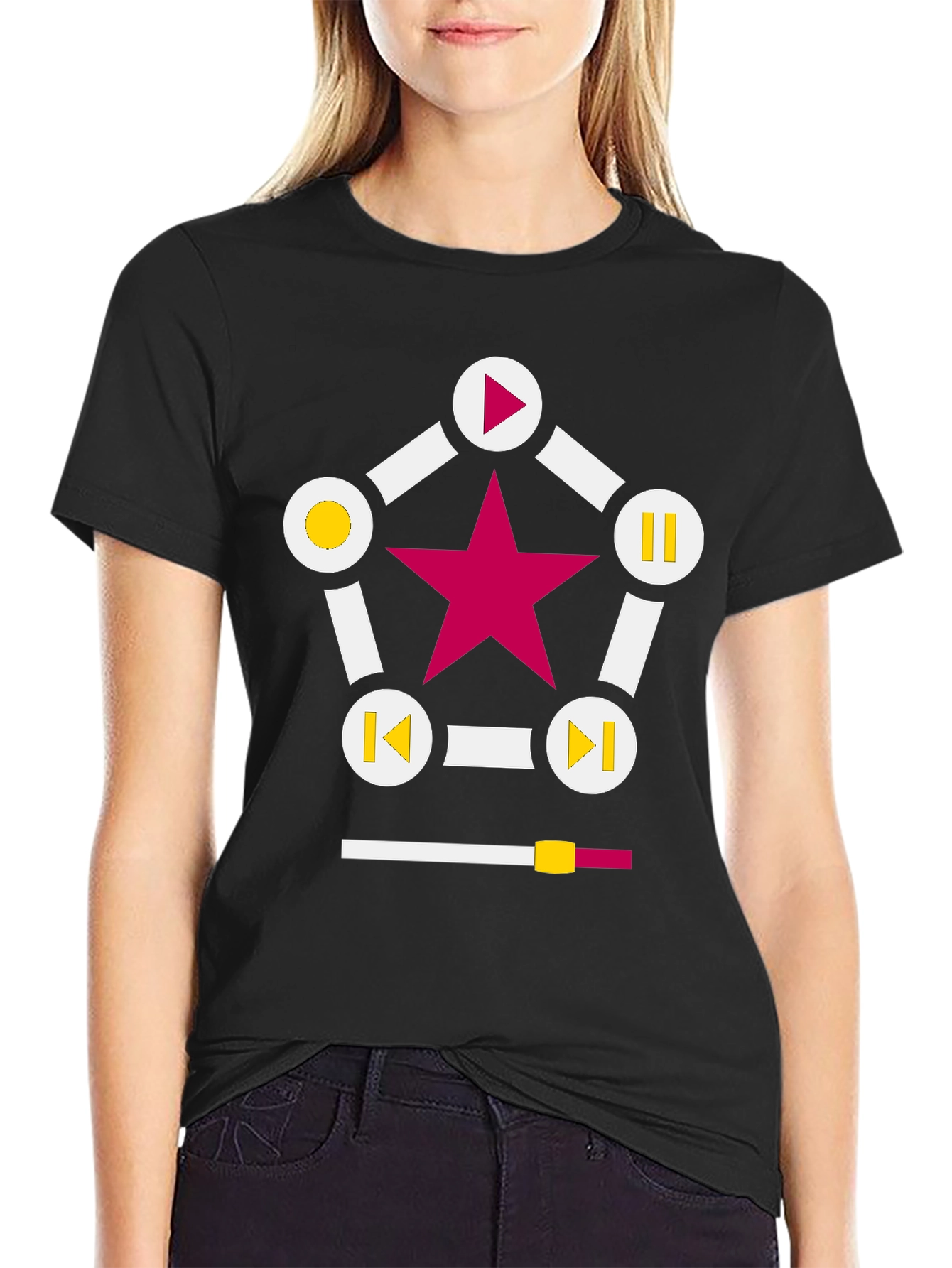Black Retro Music Star T-Shirt - Black, Play Pause Design view 2