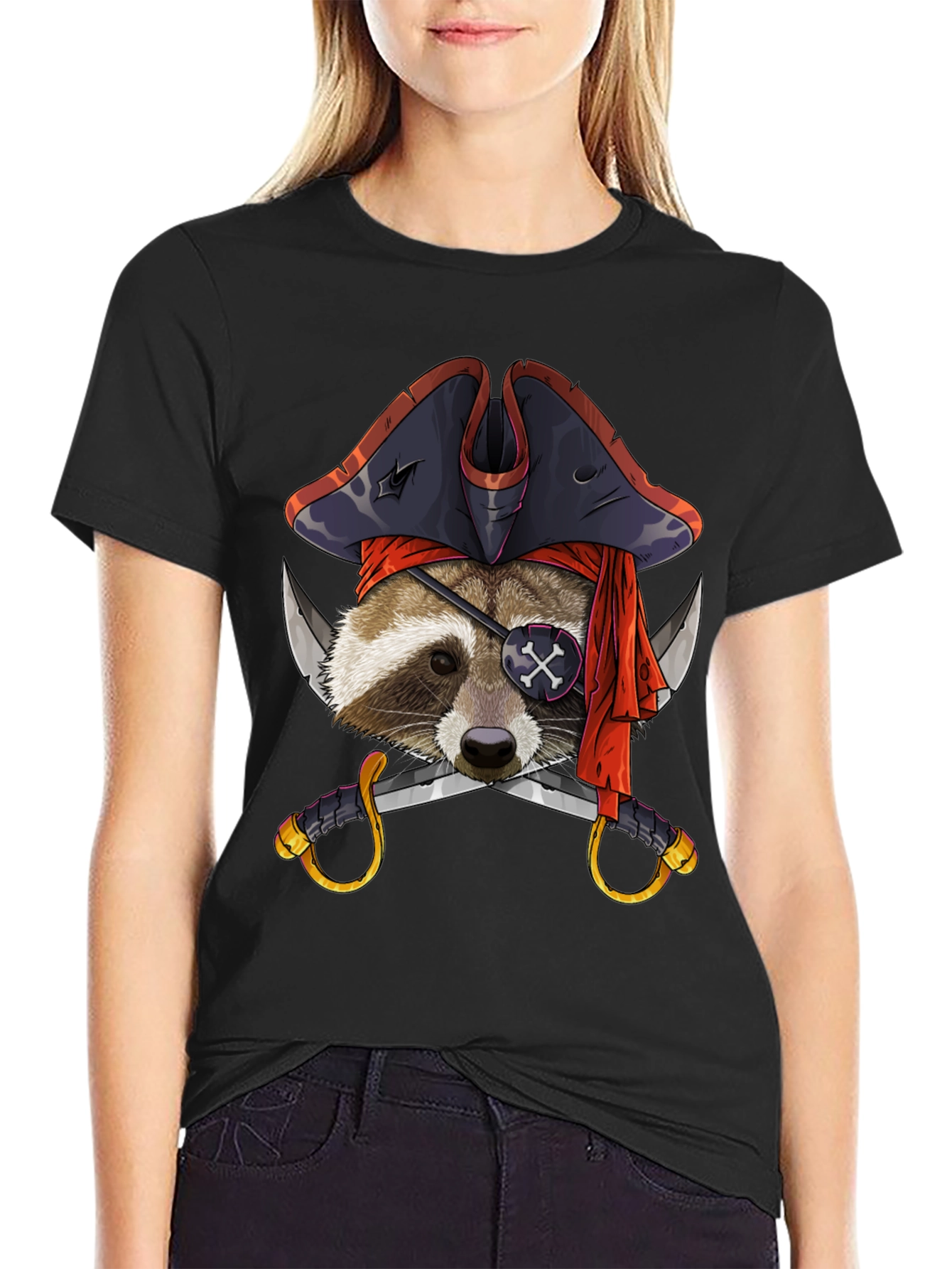 Black Pirate Raccoon Graphic Tee - Mens Black T-Shirt view 2