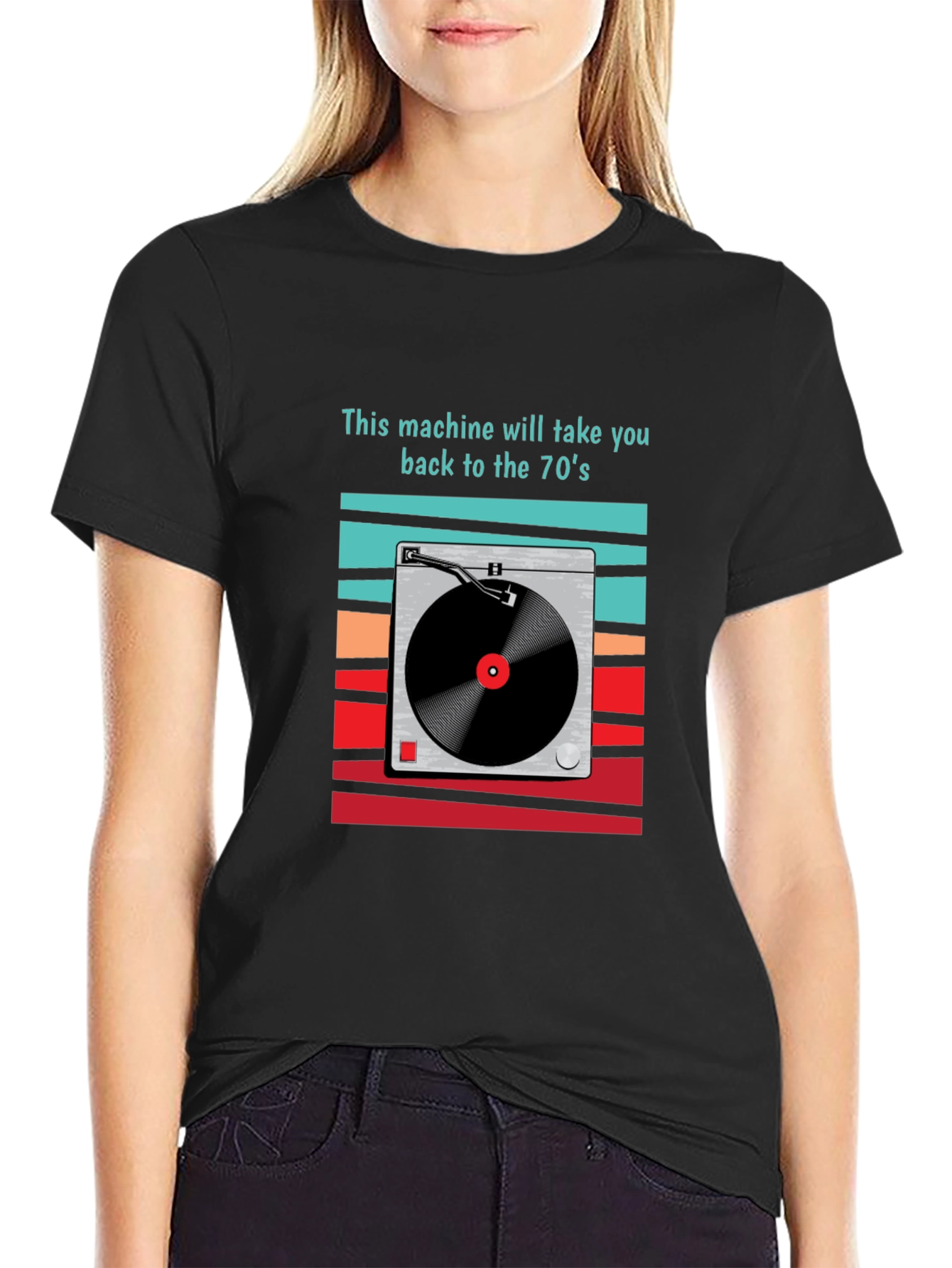 Black Retro 70's Turntable Graphic T-Shirt view 2