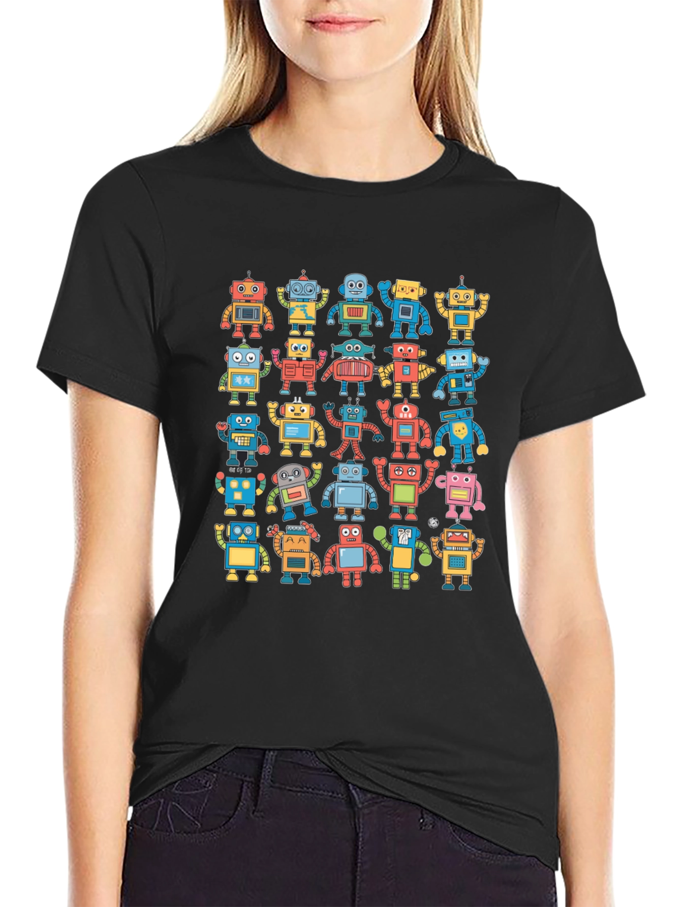 Black Retro Robot Print Black T-Shirt view 2