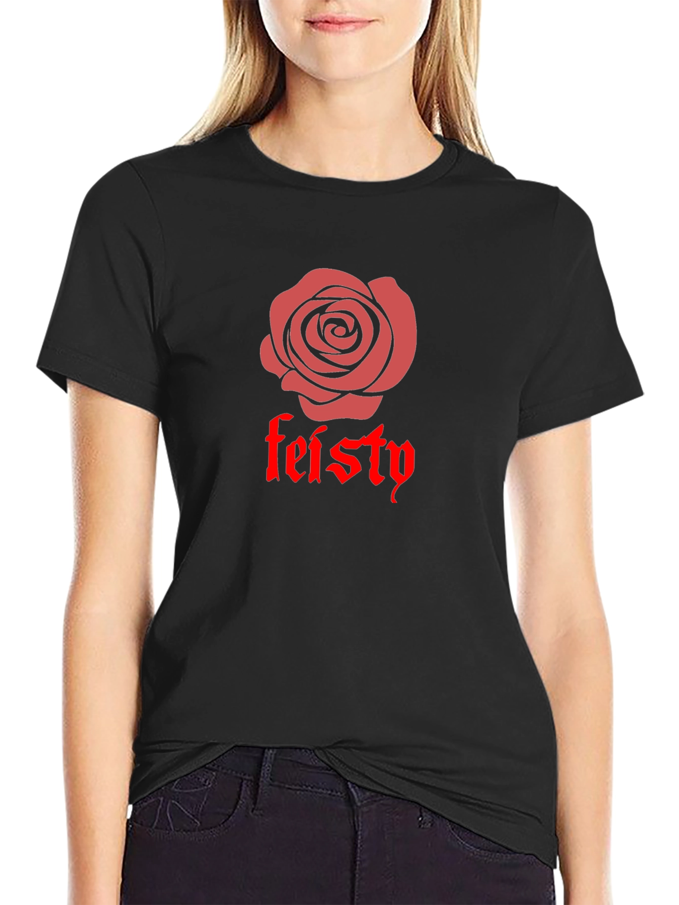 Black Feisty Rose Graphic Tee - Bold Black Cotton T-Shirt view 2