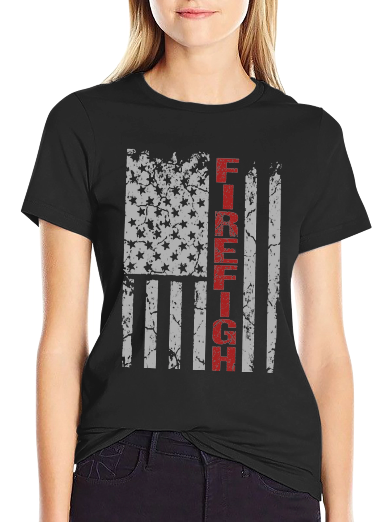 Black Firefighter American Flag Graphic T-Shirt view 2