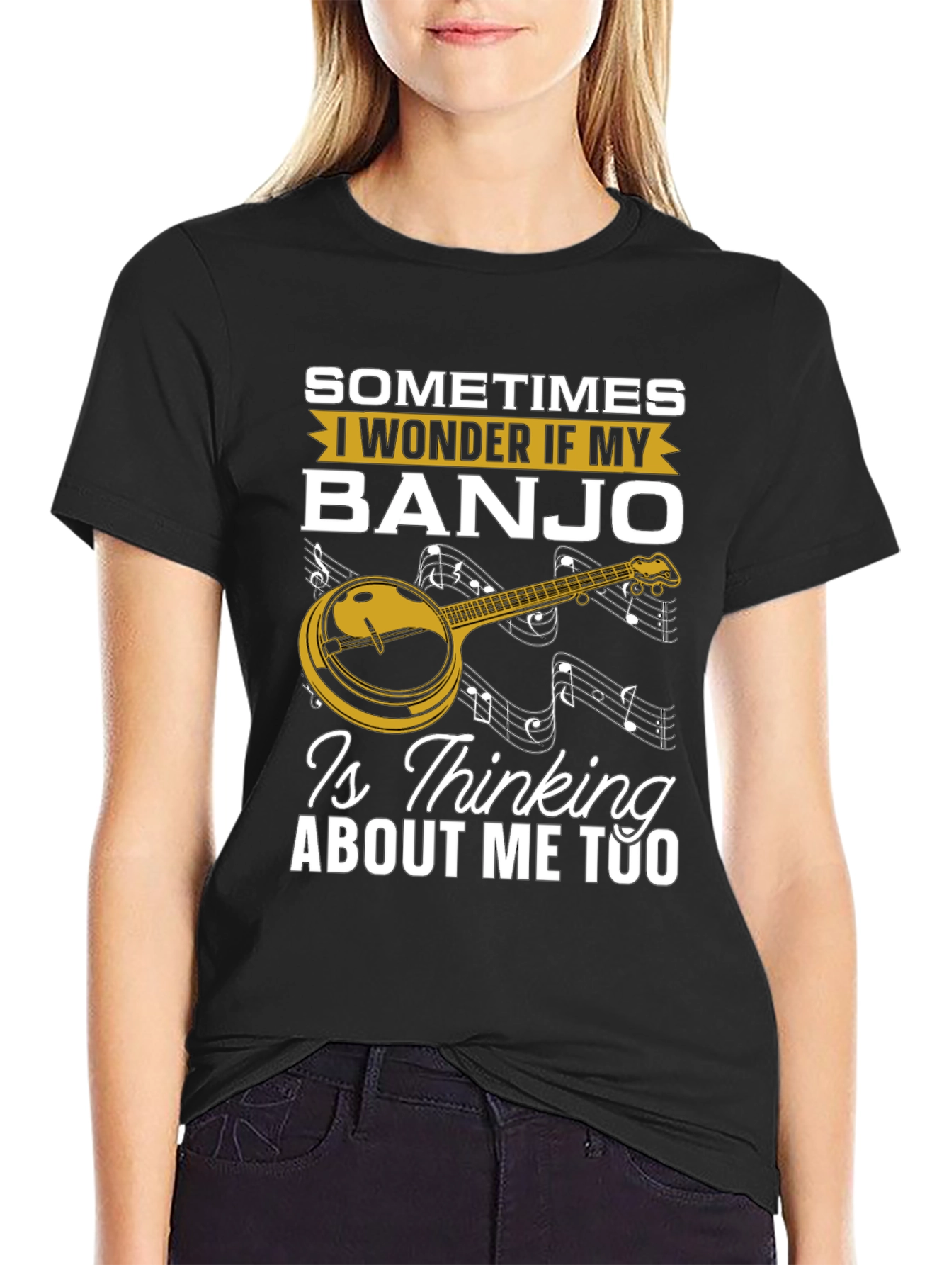 Black Banjo Lover T-Shirt: "Is My Banjo Thinking About Me Too?" view 2