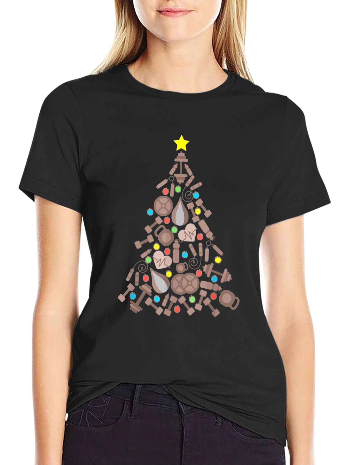Black Fitness Christmas Tree Graphic Tee - Holiday Workout Shirt view 2