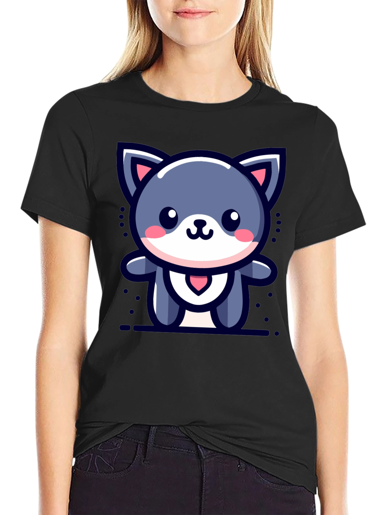 Black Cute Cartoon Cat Graphic T-Shirt view 2