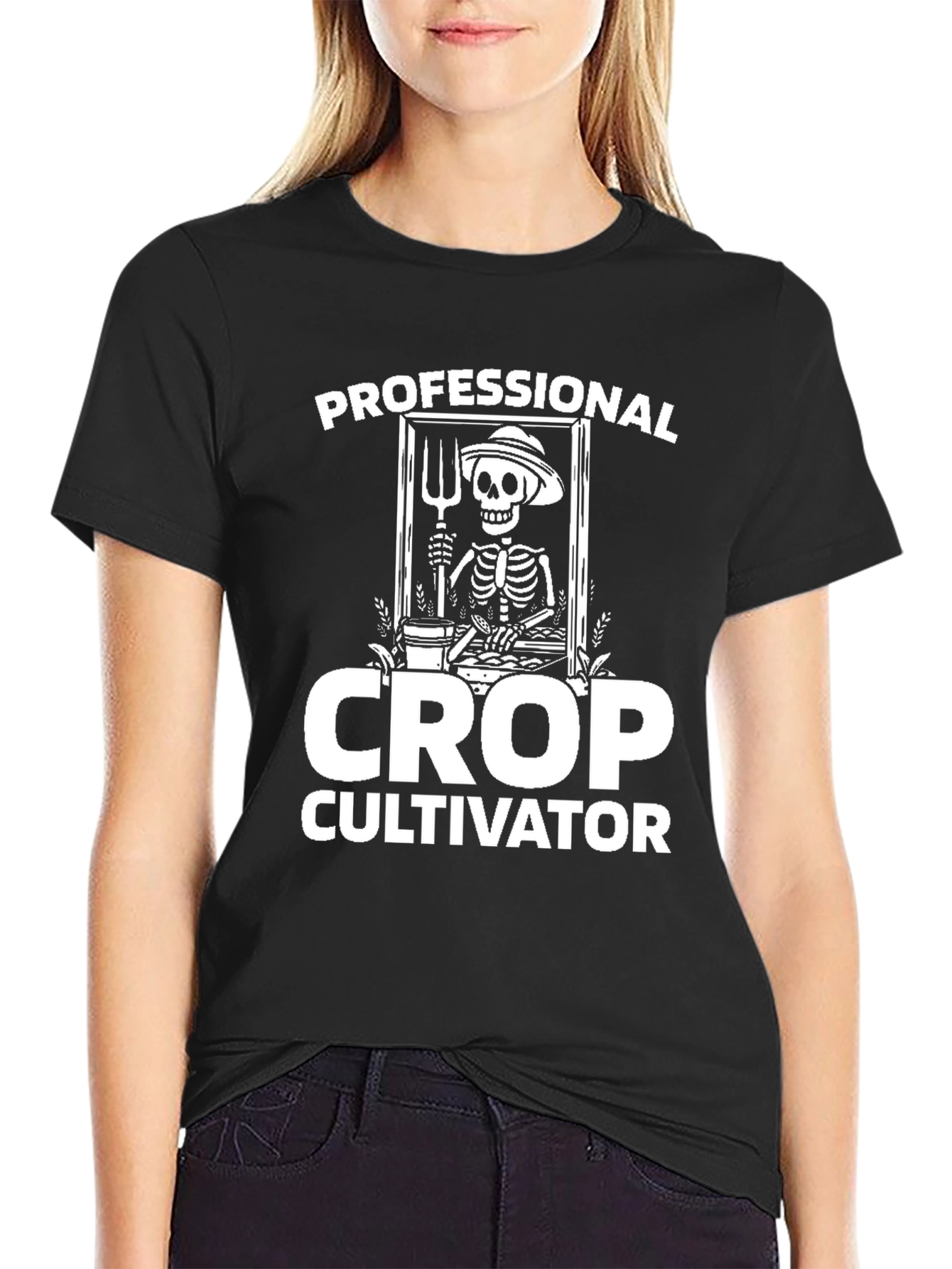 Black Professional Crop Cultivator T-Shirt - Skeleton Farmer Tee view 2