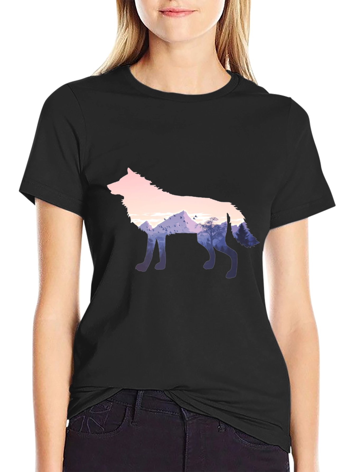 Black Wolf Silhouette Graphic Black T-Shirt view 2