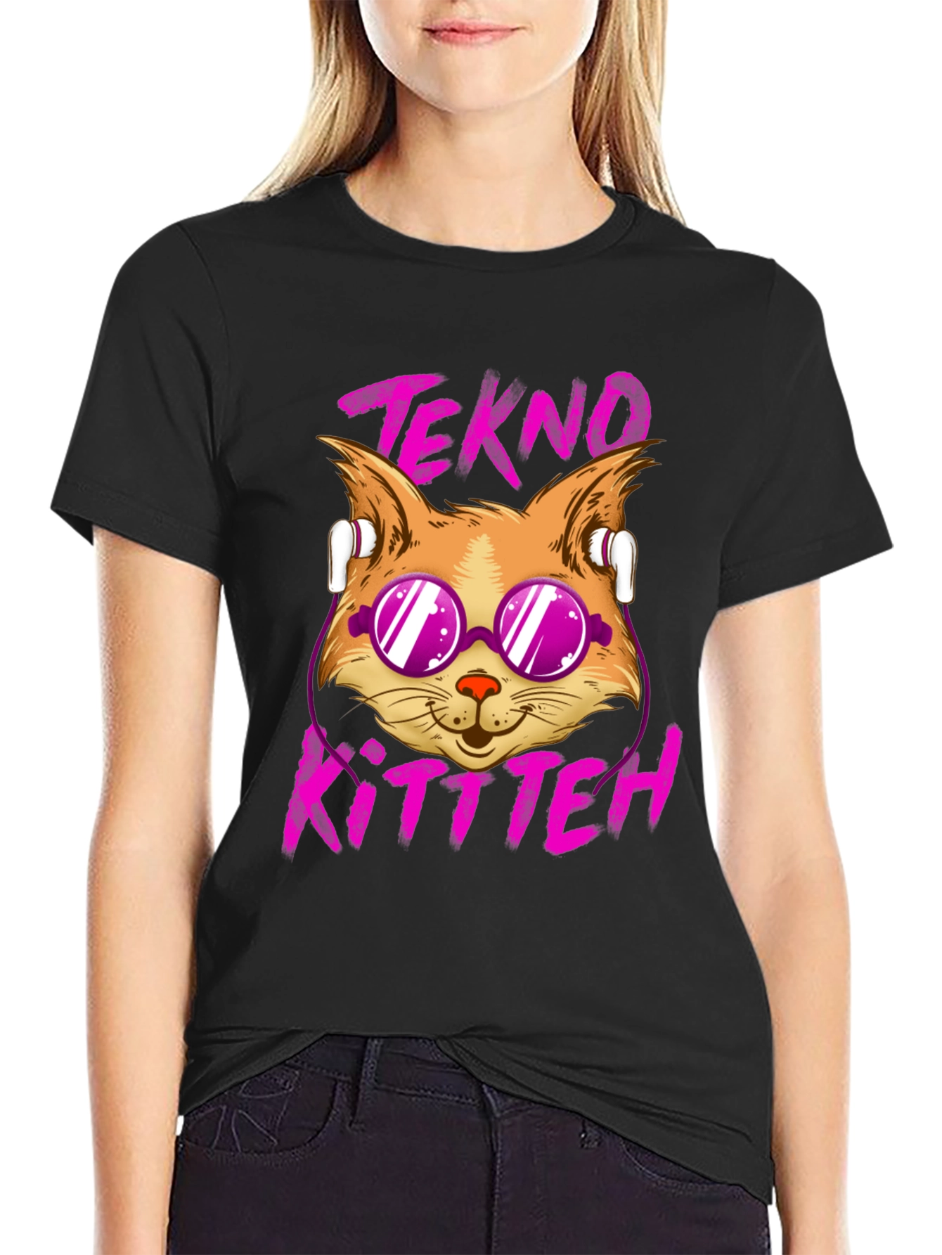Black Tekno Kitten Graphic Tee - Cool Cat Design view 2