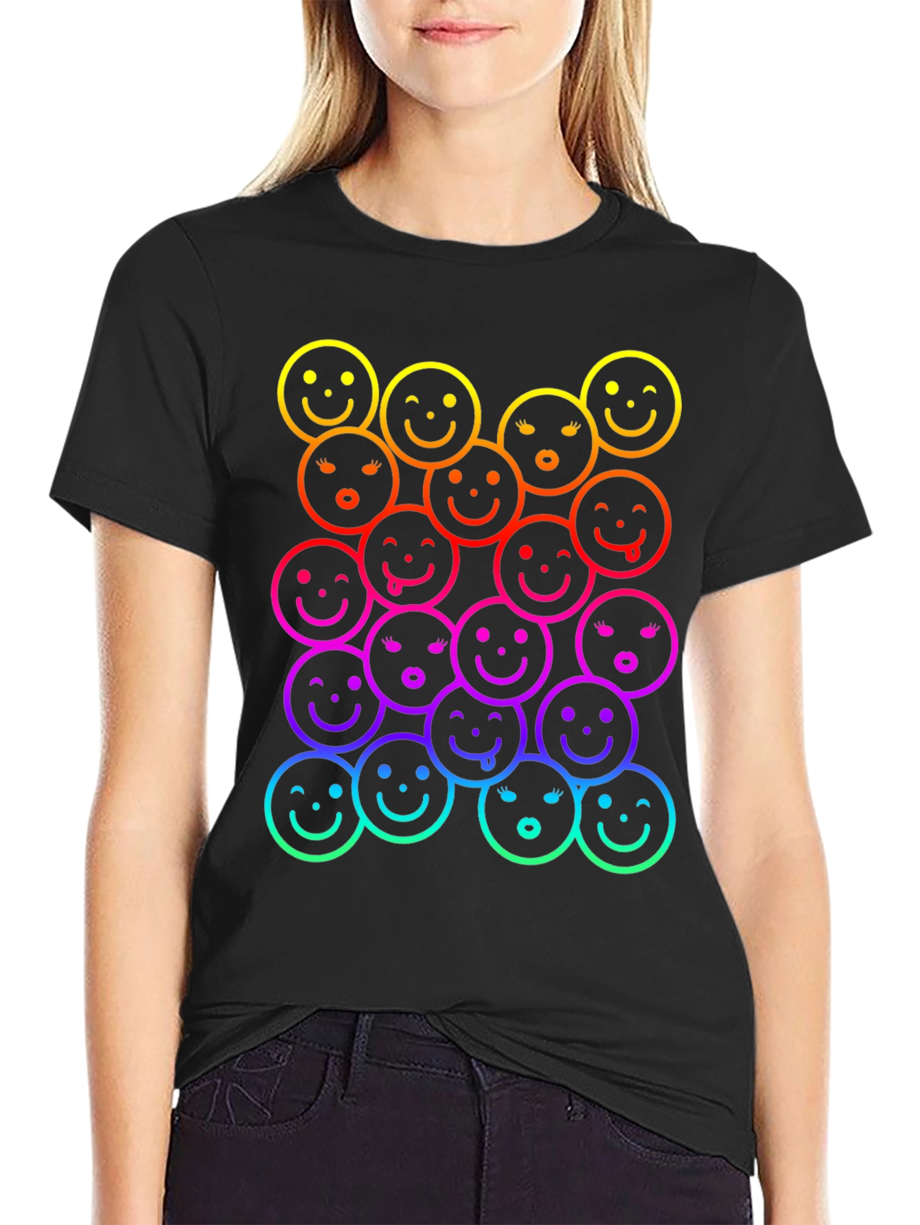 Black Rainbow Smiley Face Graphic Print T-Shirt view 2