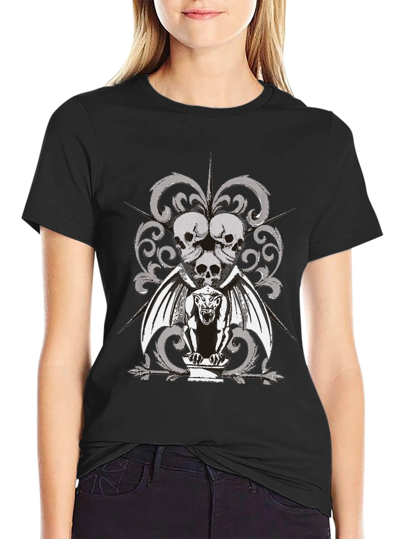 Black Skull & Gargoyle Graphic Black T-Shirt view 2