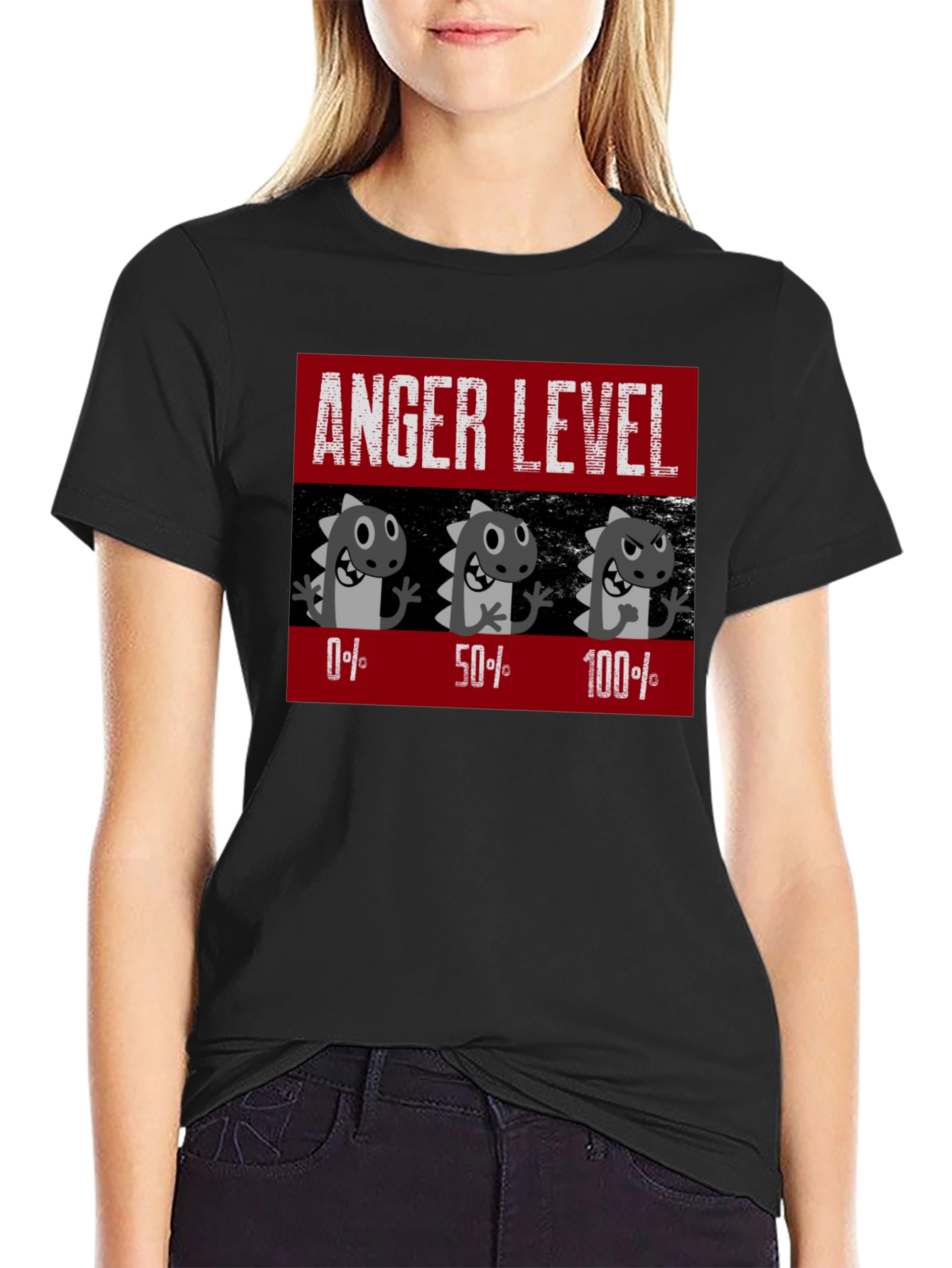 Black Anger Level T-Shirt, Funny Dinosaur Mood Tee view 2